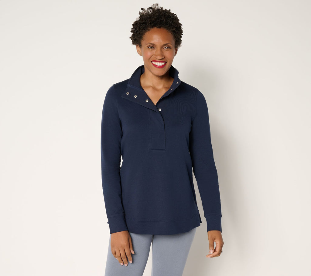 Active French Terry Snap Top with Waffle Collar - Navy