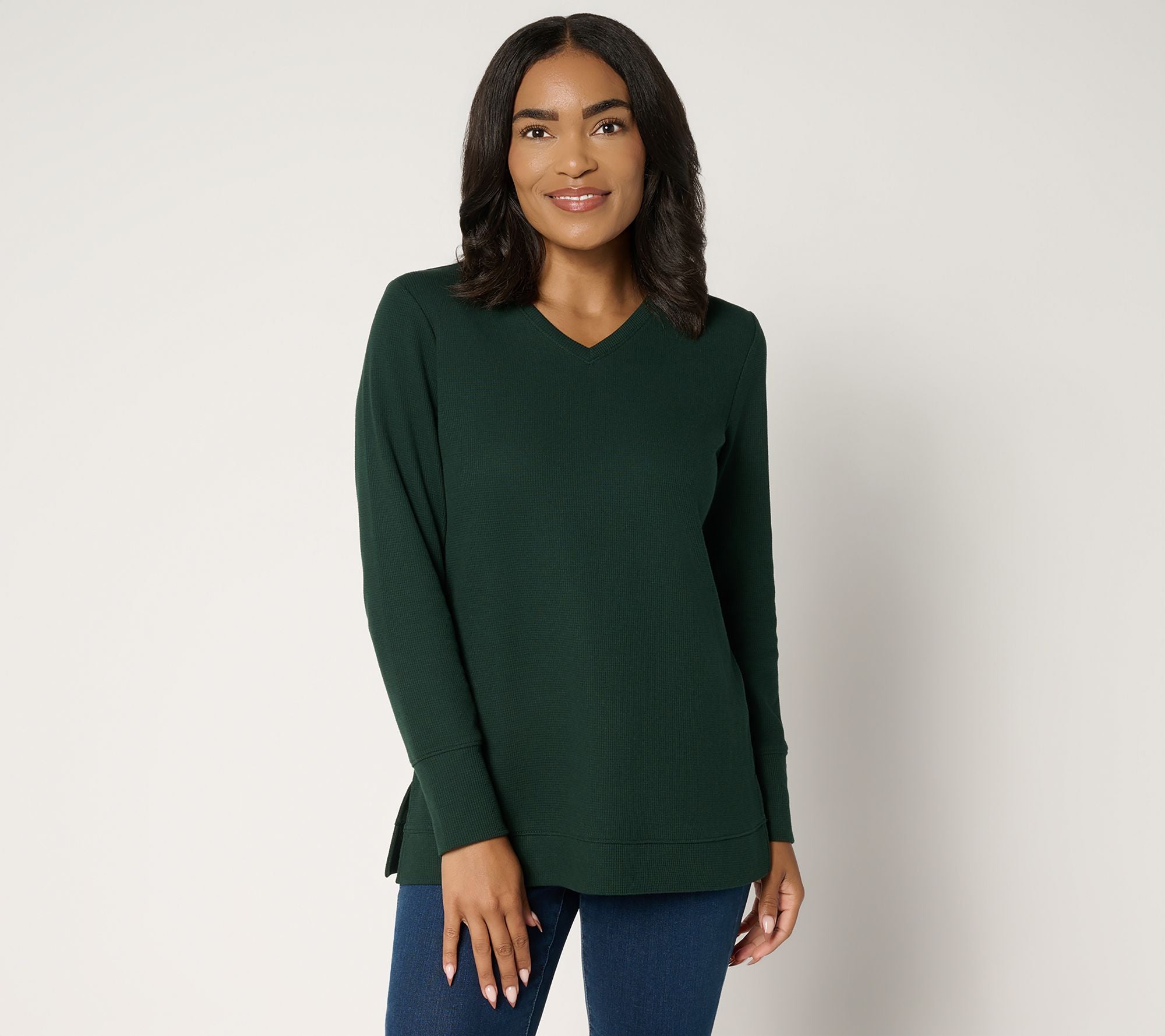 Essentials Waffle Knit V-Neck Tunic - Dark Pine Green