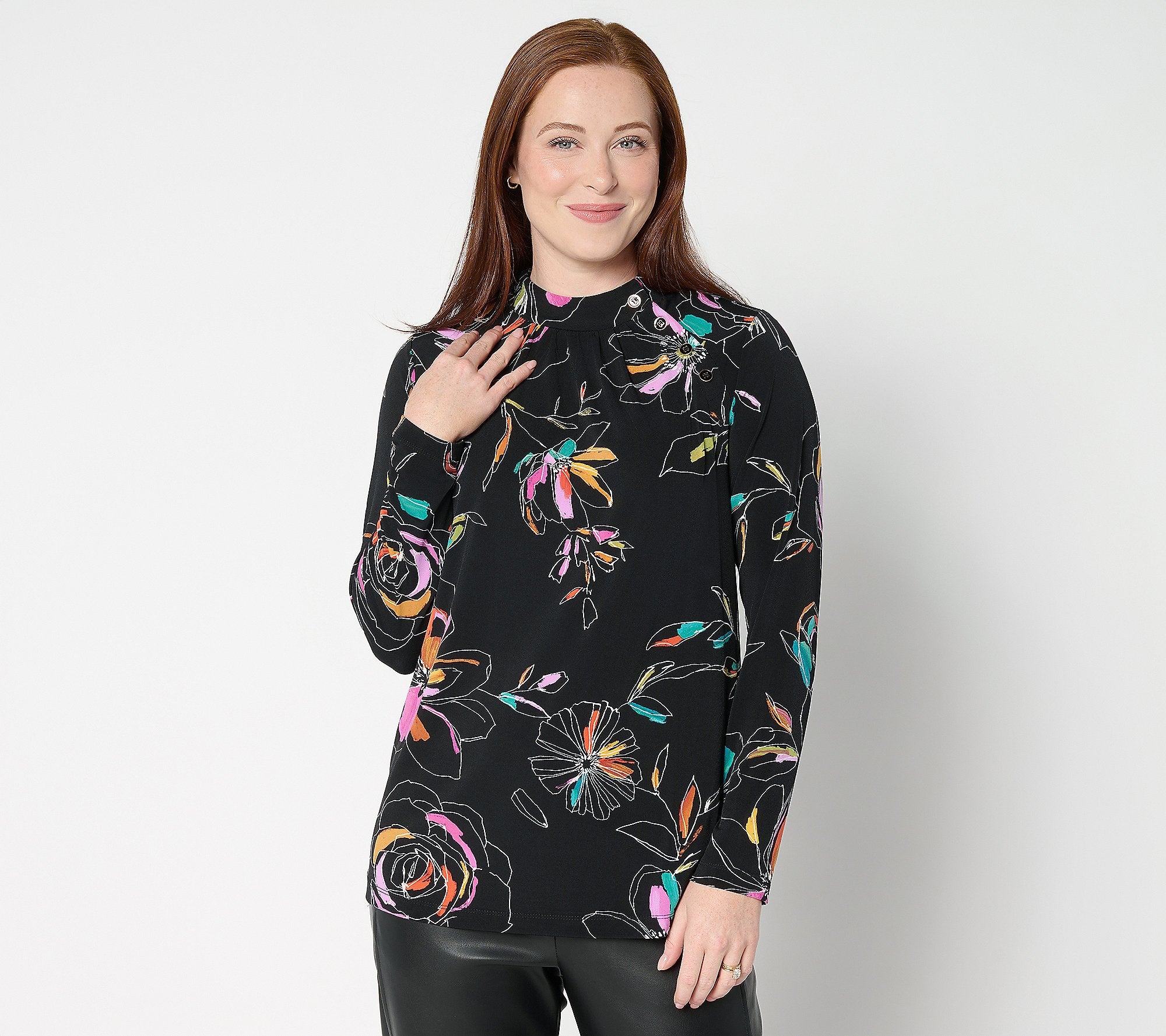 Printed Liquid Knit Long Slv Mock-Neck Top w/Button Detail