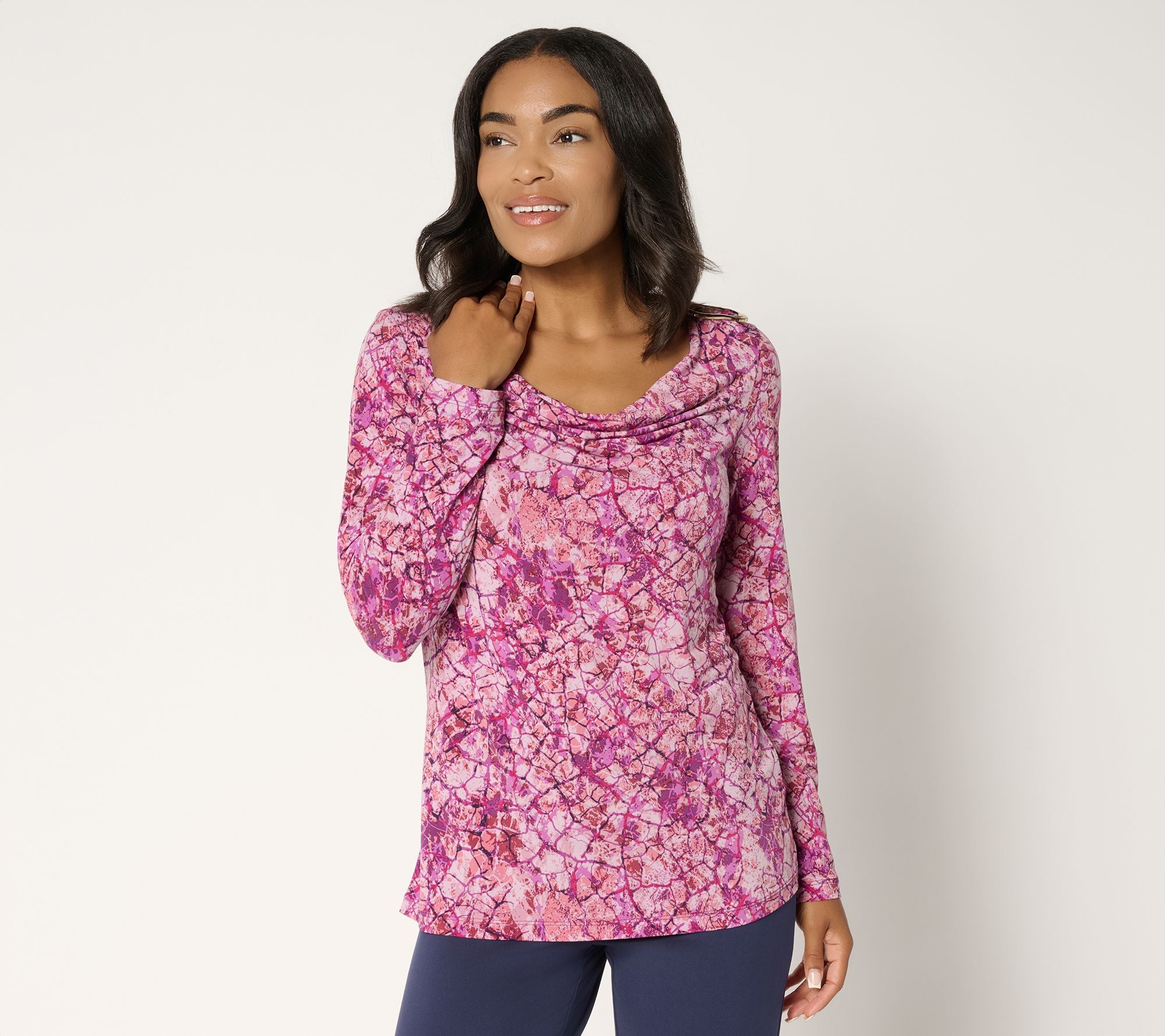 Printed Liquid Knit Cowl-Neck Long-Sleeve Top w/ Buckle Trim - Mauve/Berry