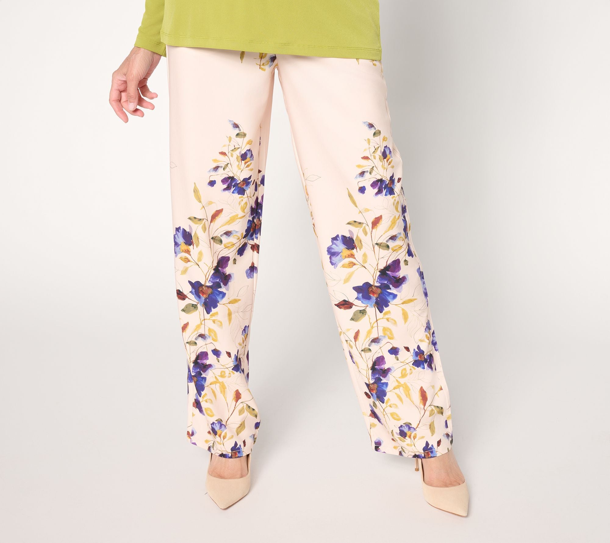 Printed Stretch Matte Twill Pull-On Wide-Leg Pants - Violet/Dk Ivory