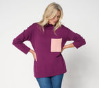 Cotton Turtleneck Color Block Pocket Sweater - Burgundy