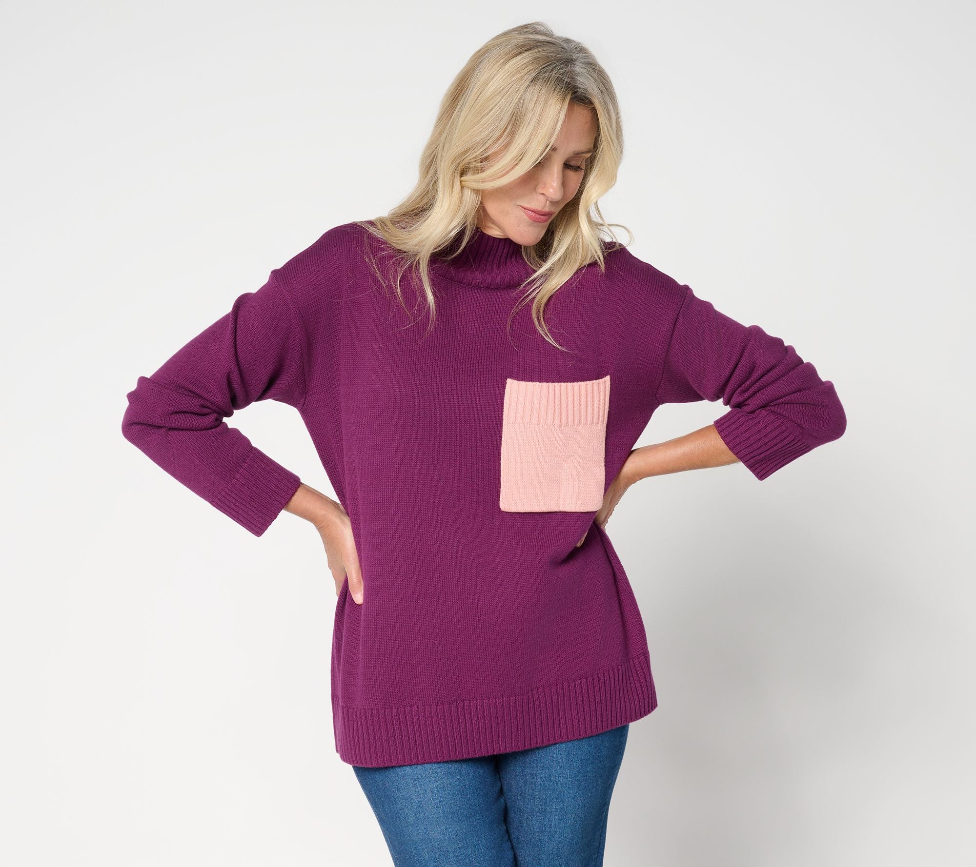 Cotton Turtleneck Color Block Pocket Sweater - Burgundy