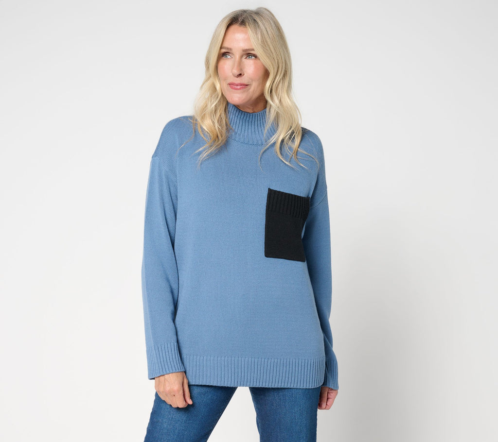 Cotton Turtleneck Color Block Pocket Sweater - Chambray