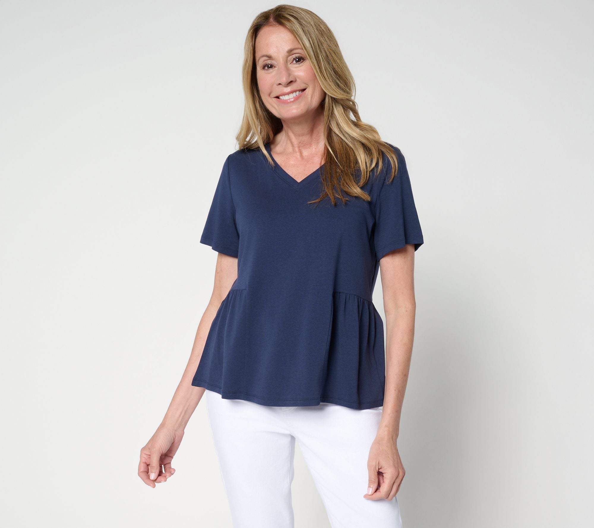 Cozy Knit Jersey Short Sleeve Peplum Top - Navy