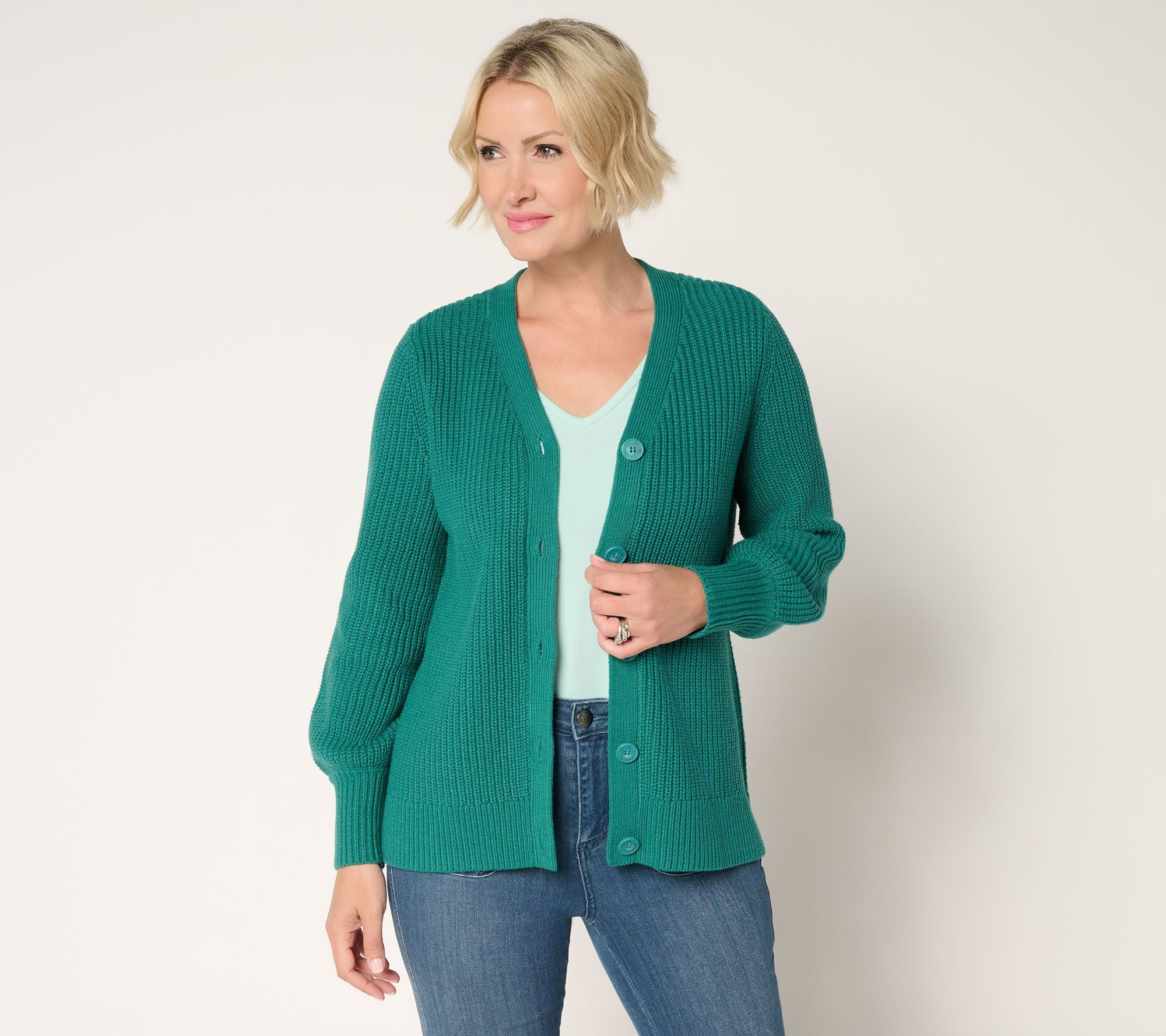 Chunky Shaker Knit Bishop Sleeve Cardigan - Green Quartz