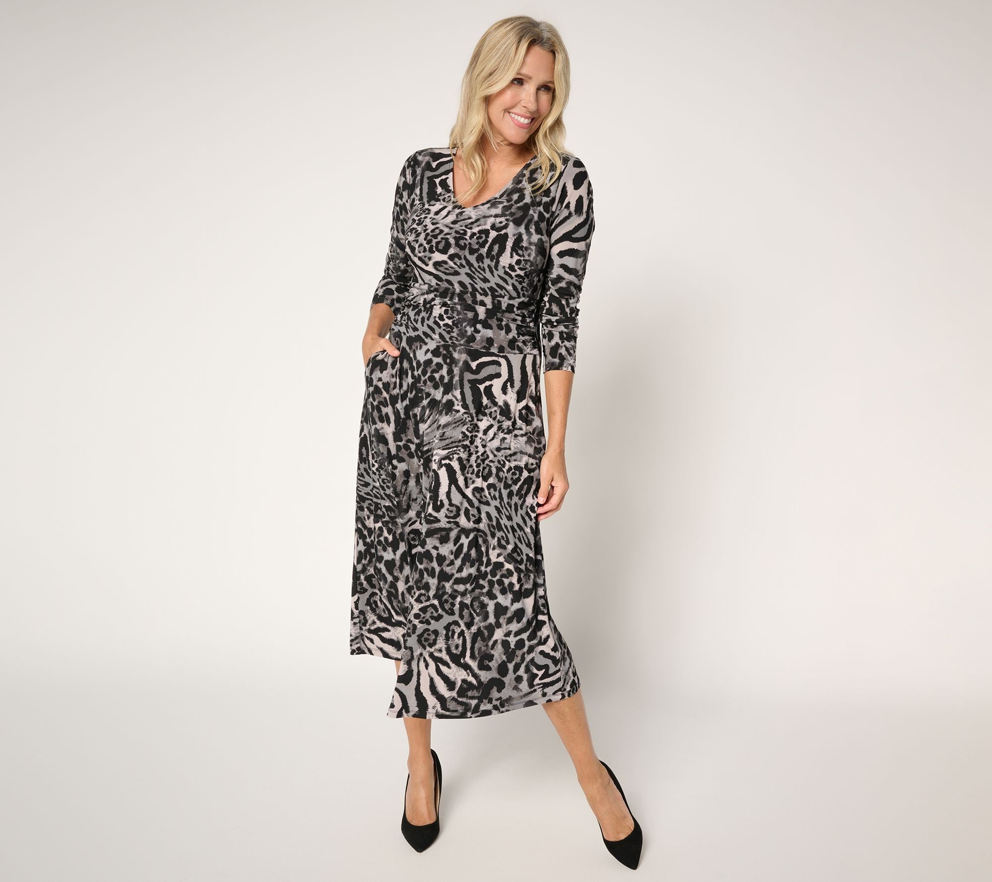Printed Como Jersey Ruched Midi Dress - Grey Animal