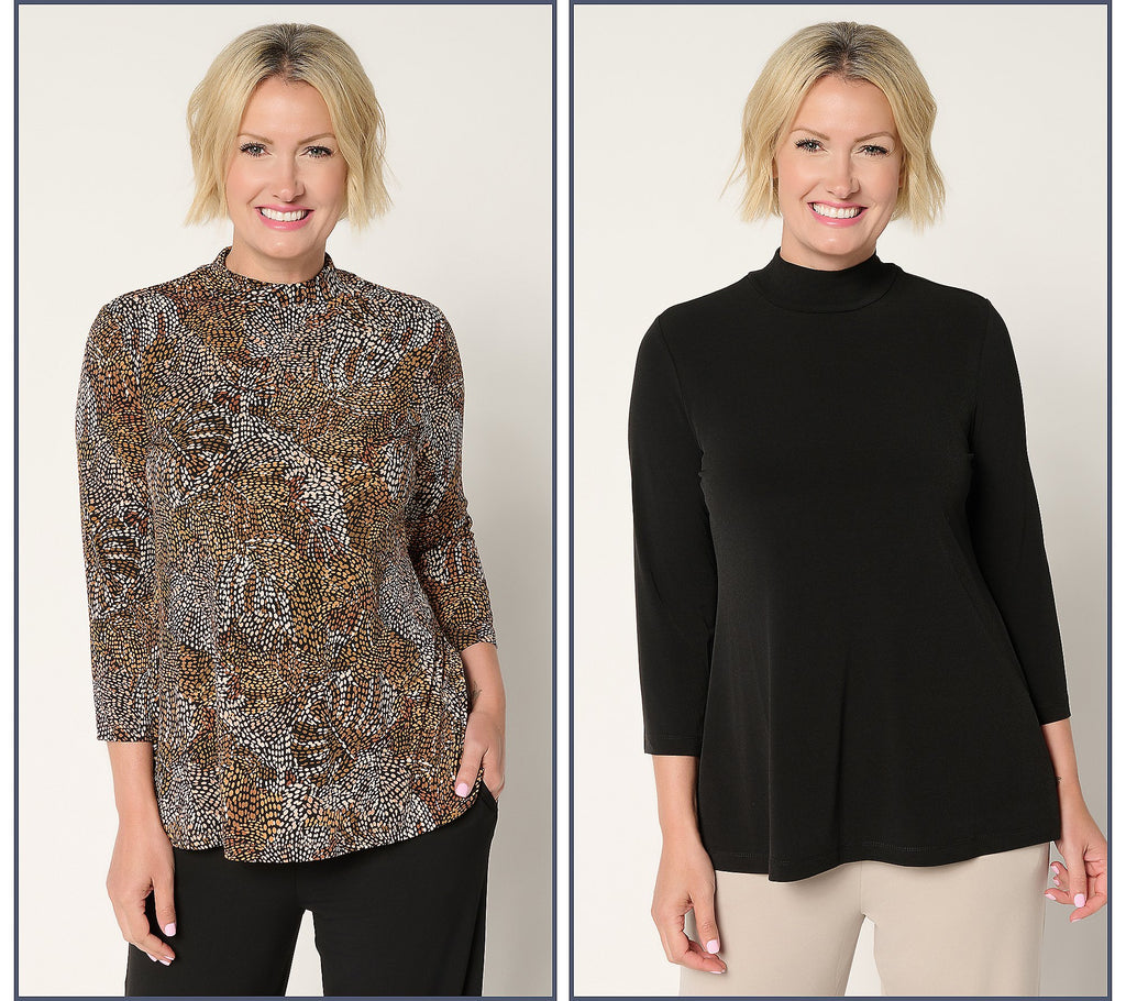 Set of 2 Print & Solid Liquid Knit Mock Neck Tops