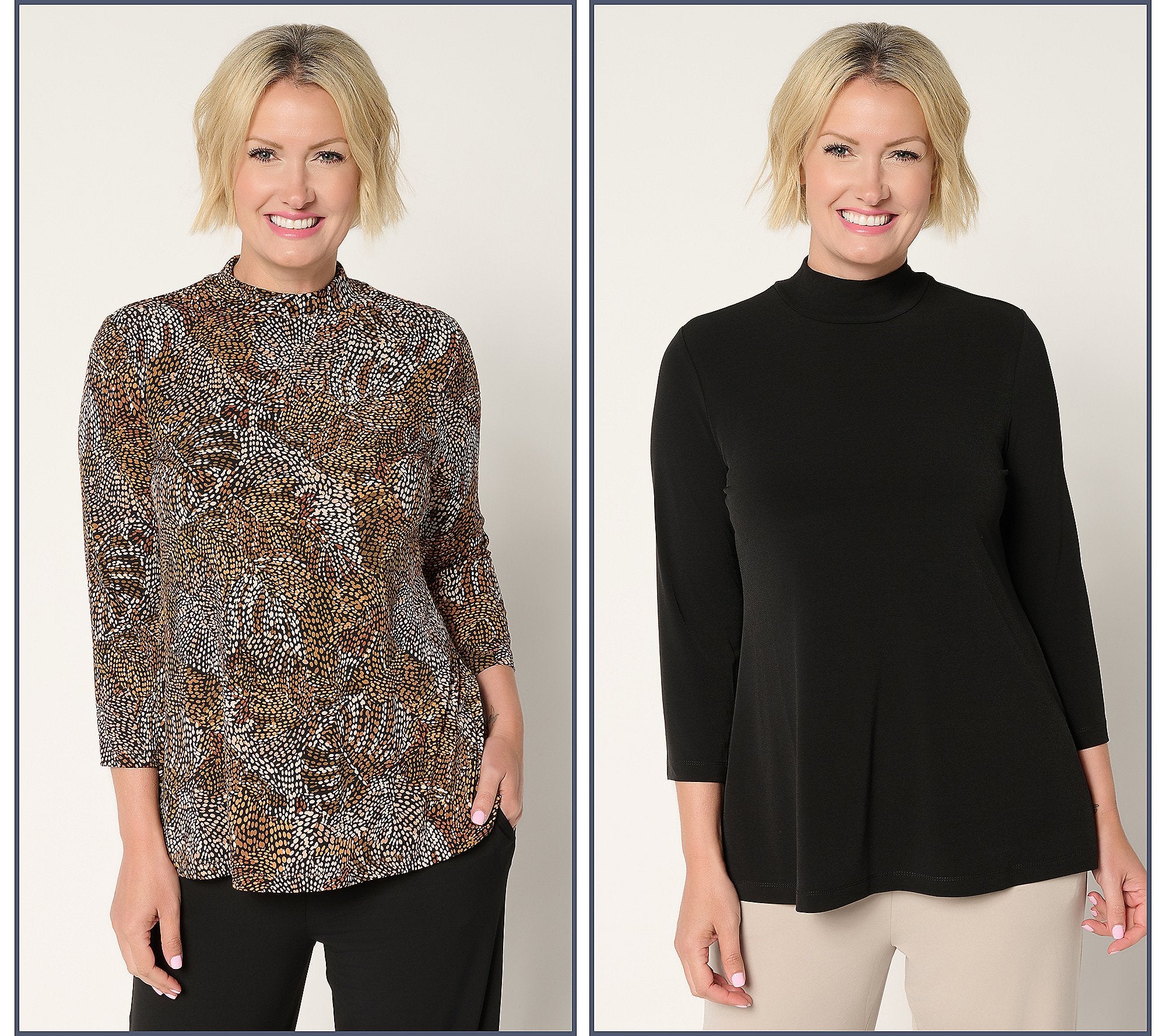 Set of 2 Print & Solid Liquid Knit Mock Neck Tops