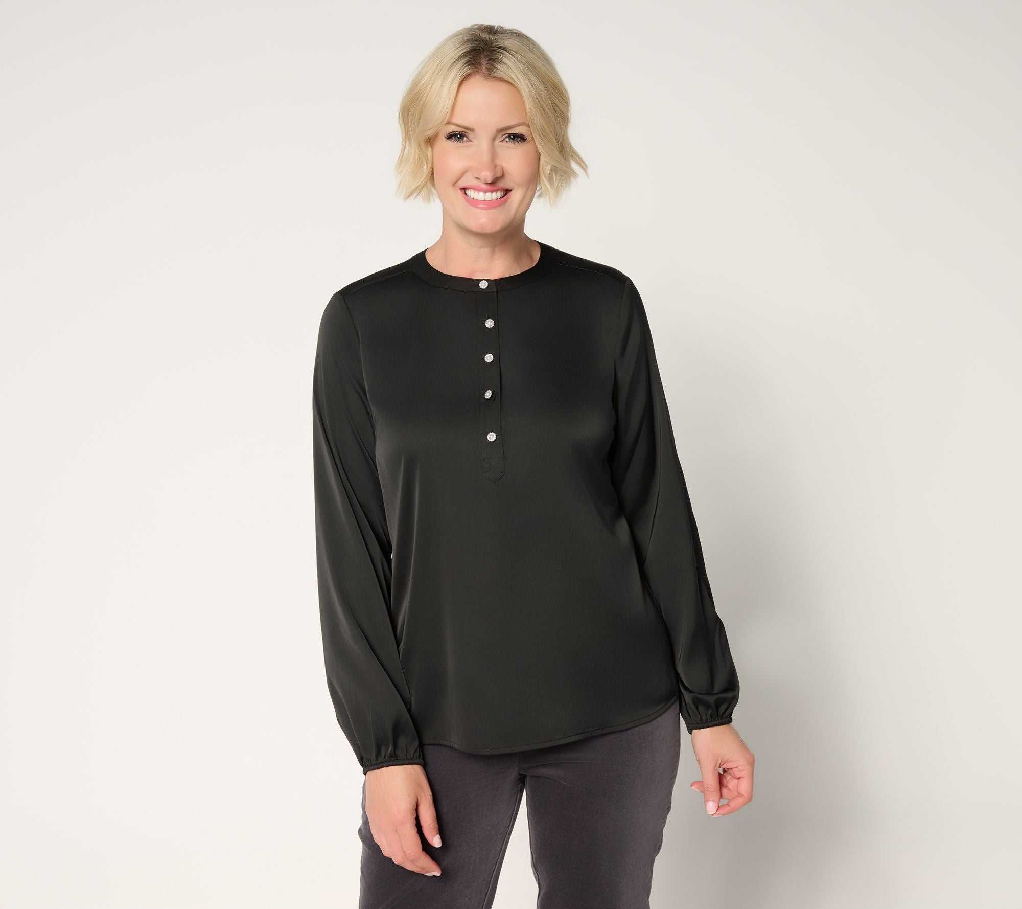 Satin Long Sleeve Popover Blouse - Black