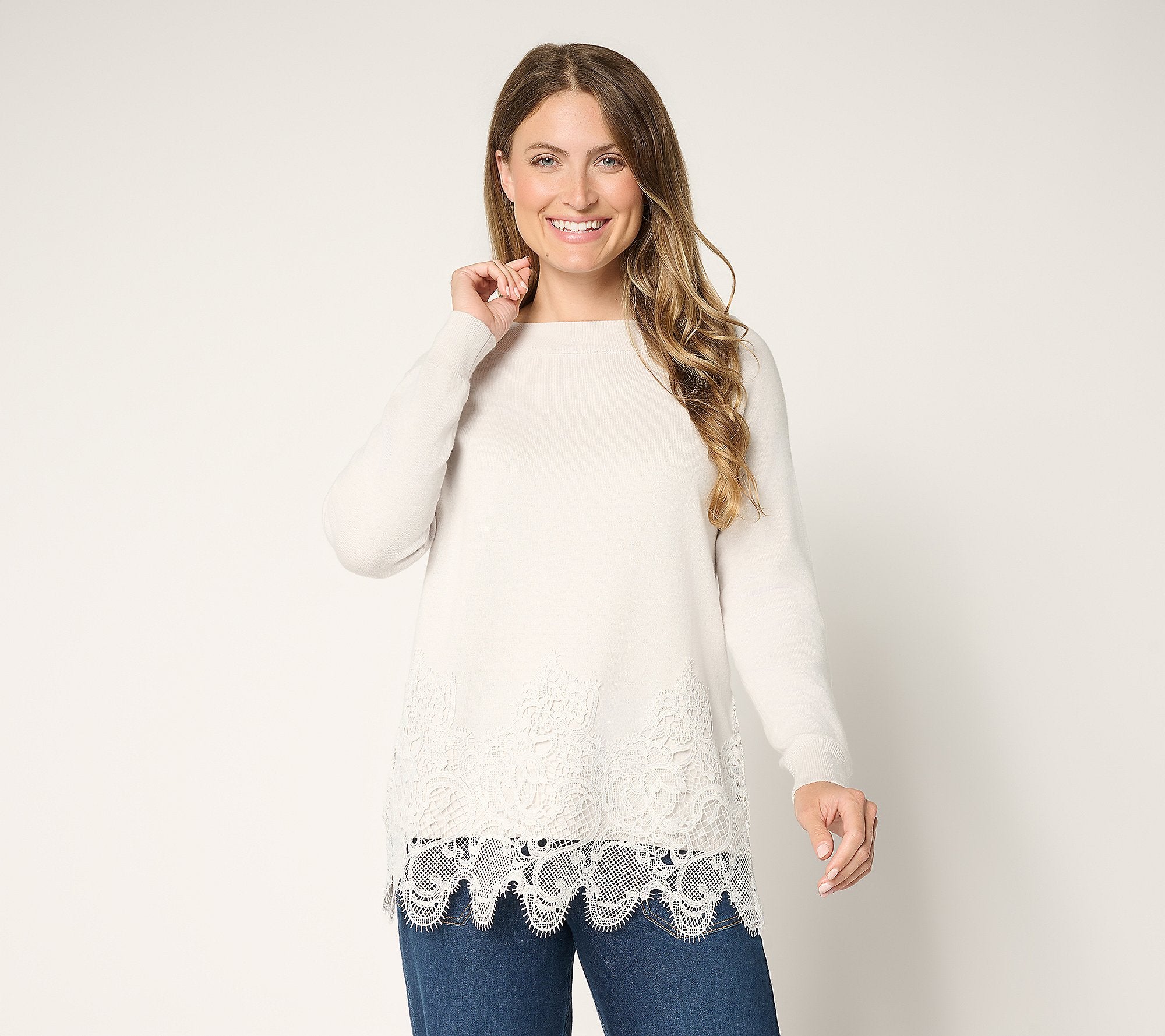 Cotton Cashmere Lace Hem Sweater