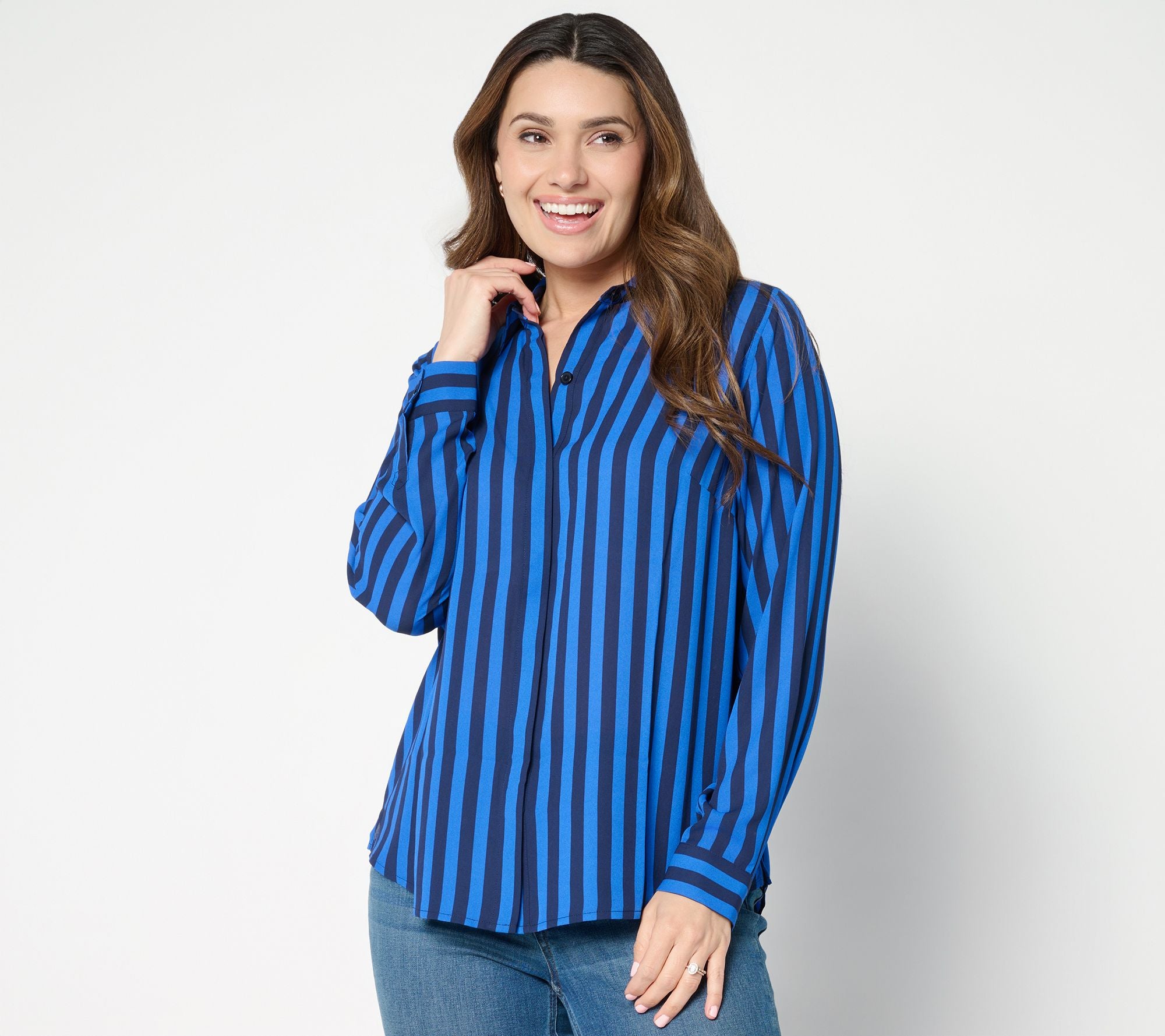 Joan Rivers Printed Striped Georgette Button Front Blouse - Cobalt