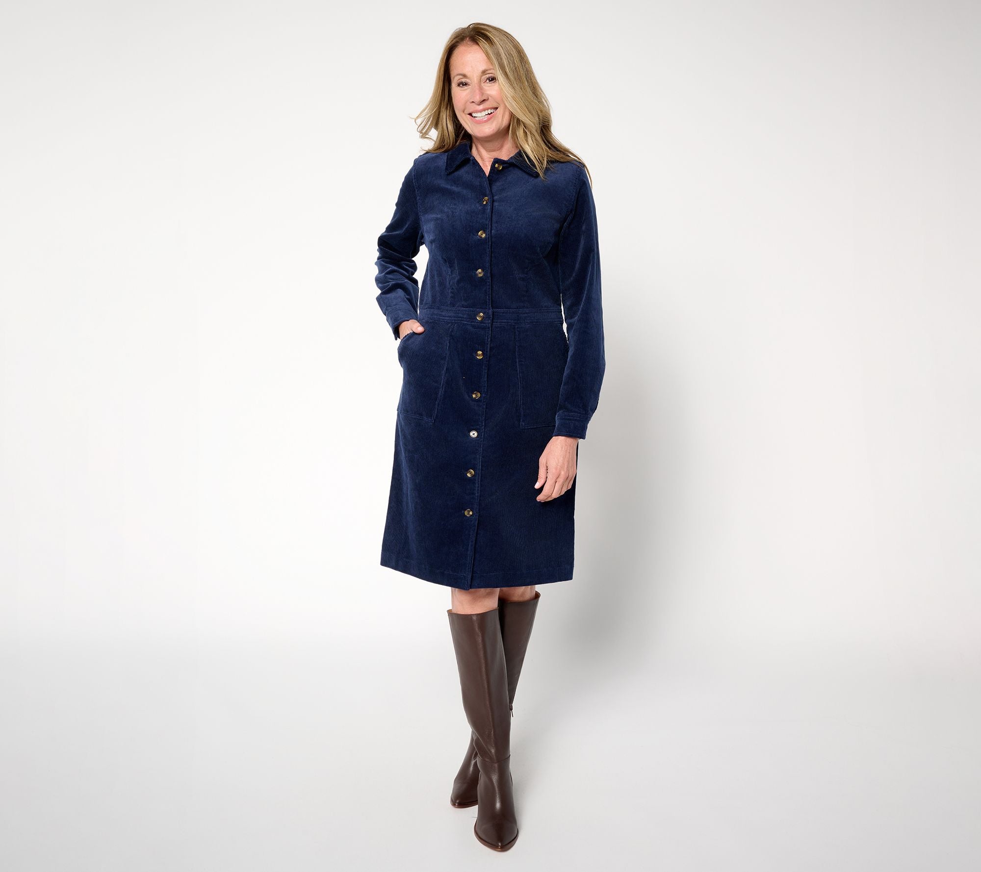 Joan Rivers Stretch Corduroy Button Front Dress - Navy