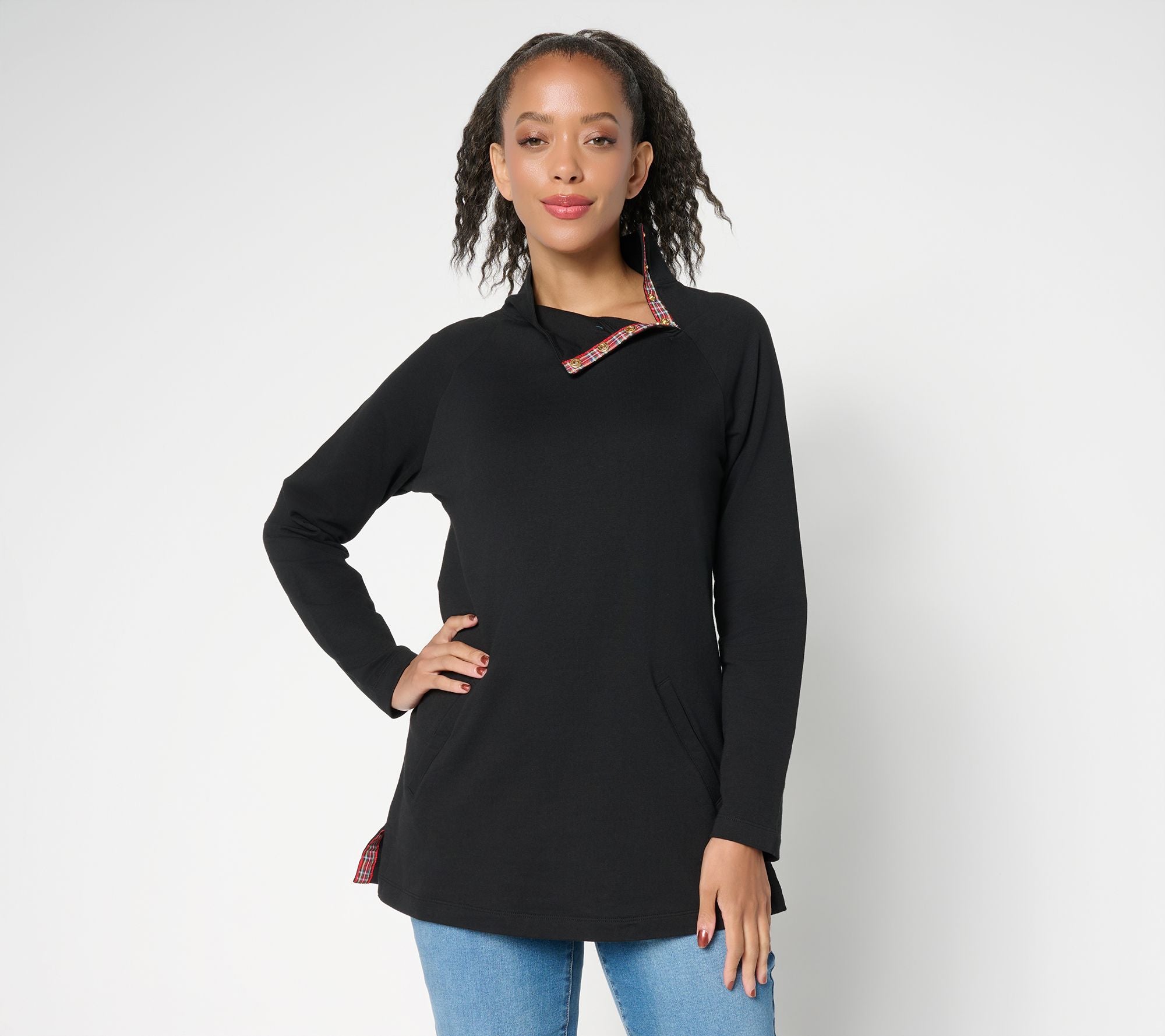 French Terry Mock Neck Tunic with Plaid Trim - Black