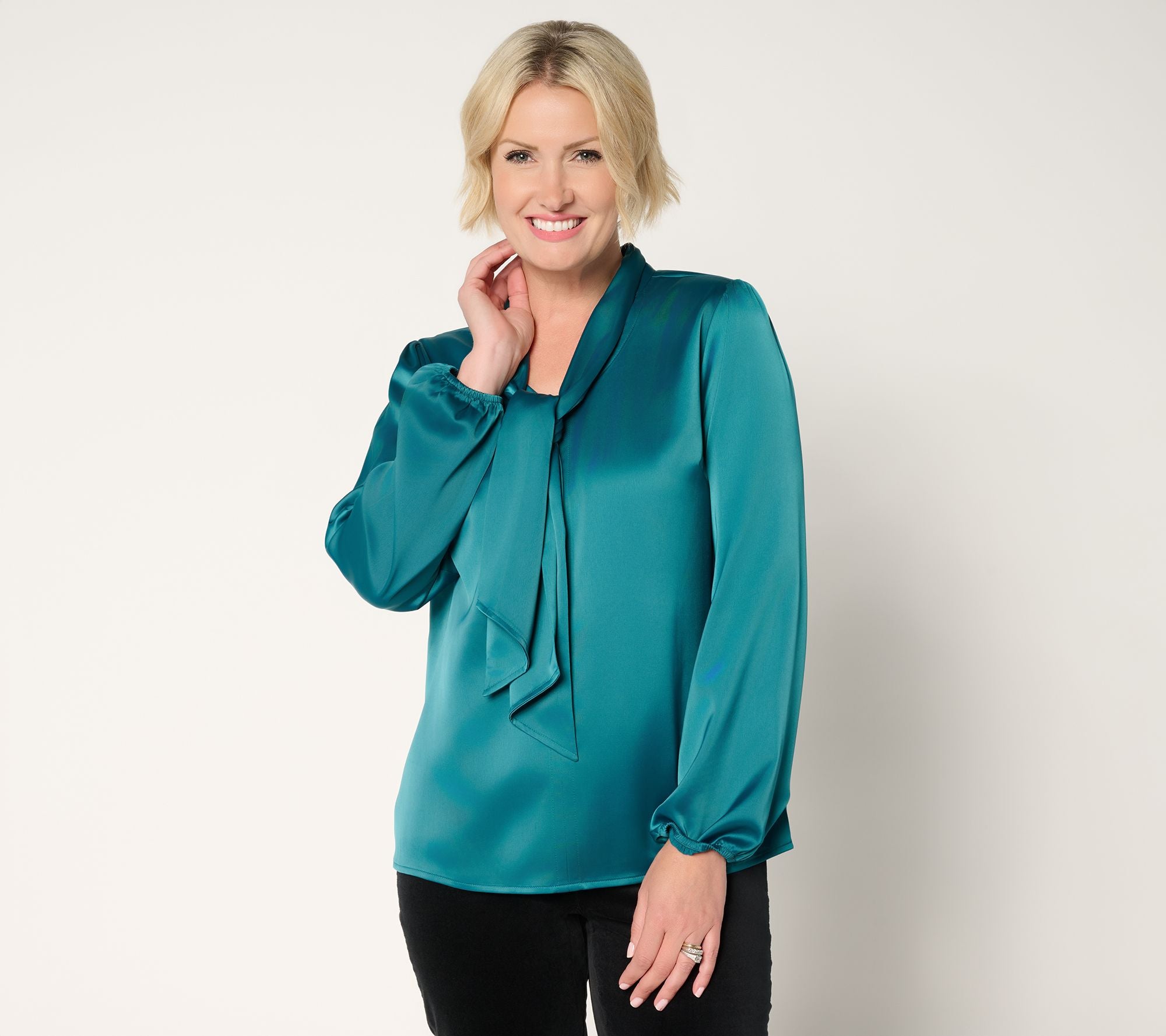 Long Sleeve Popover Blouse with Neck Detail - Dk Spruce Green