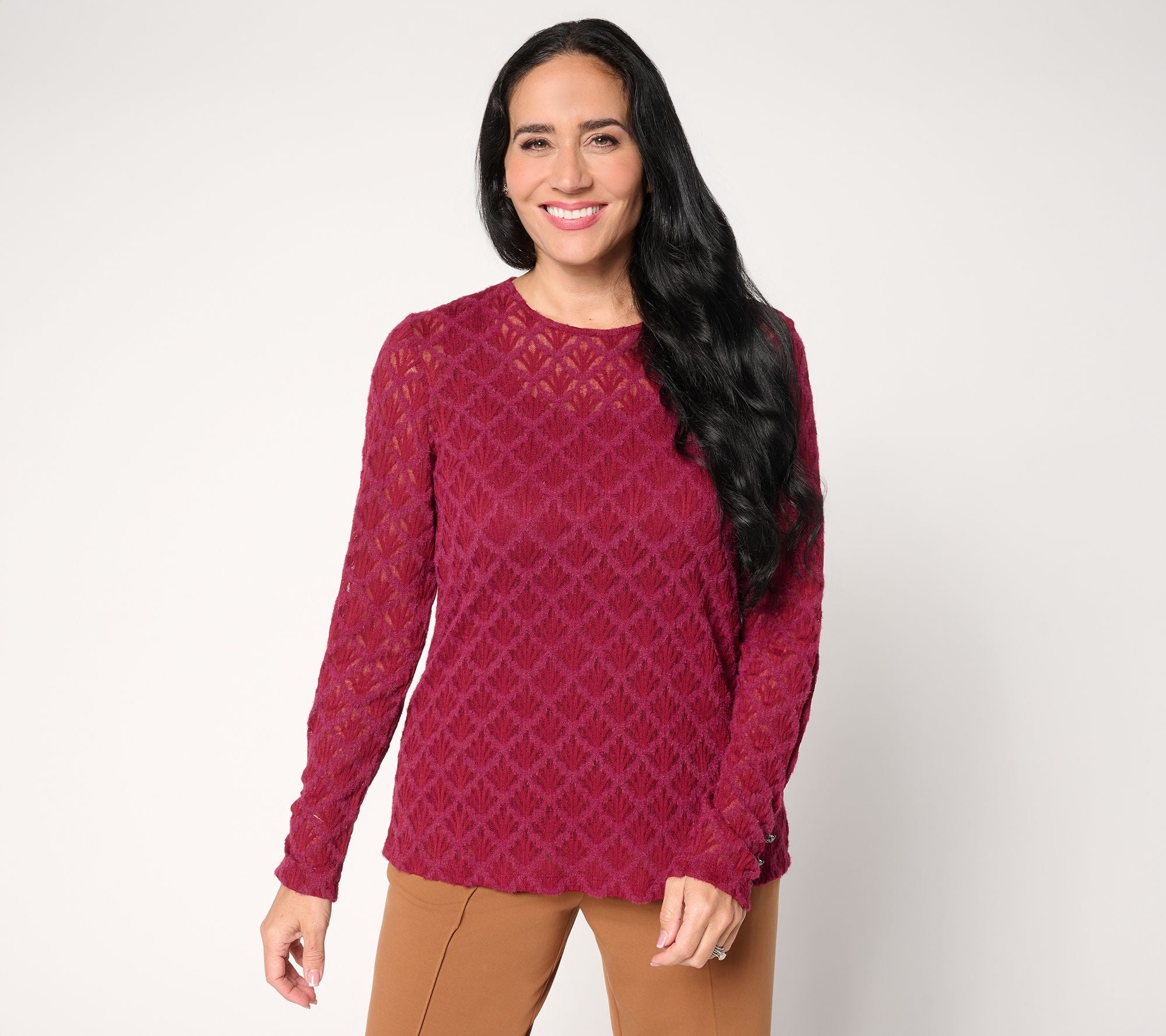 Knit Lace Crew Neck Long-Sleeve Top - Burgundy Berry