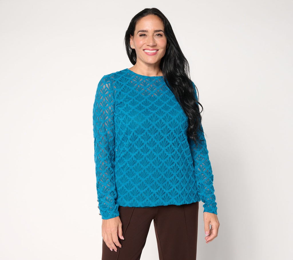 Knit Lace Crew Neck Long-Sleeve Top - Teal Gaze