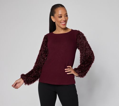 Occasions Rib Knit Top w/ Embellished Sleeves