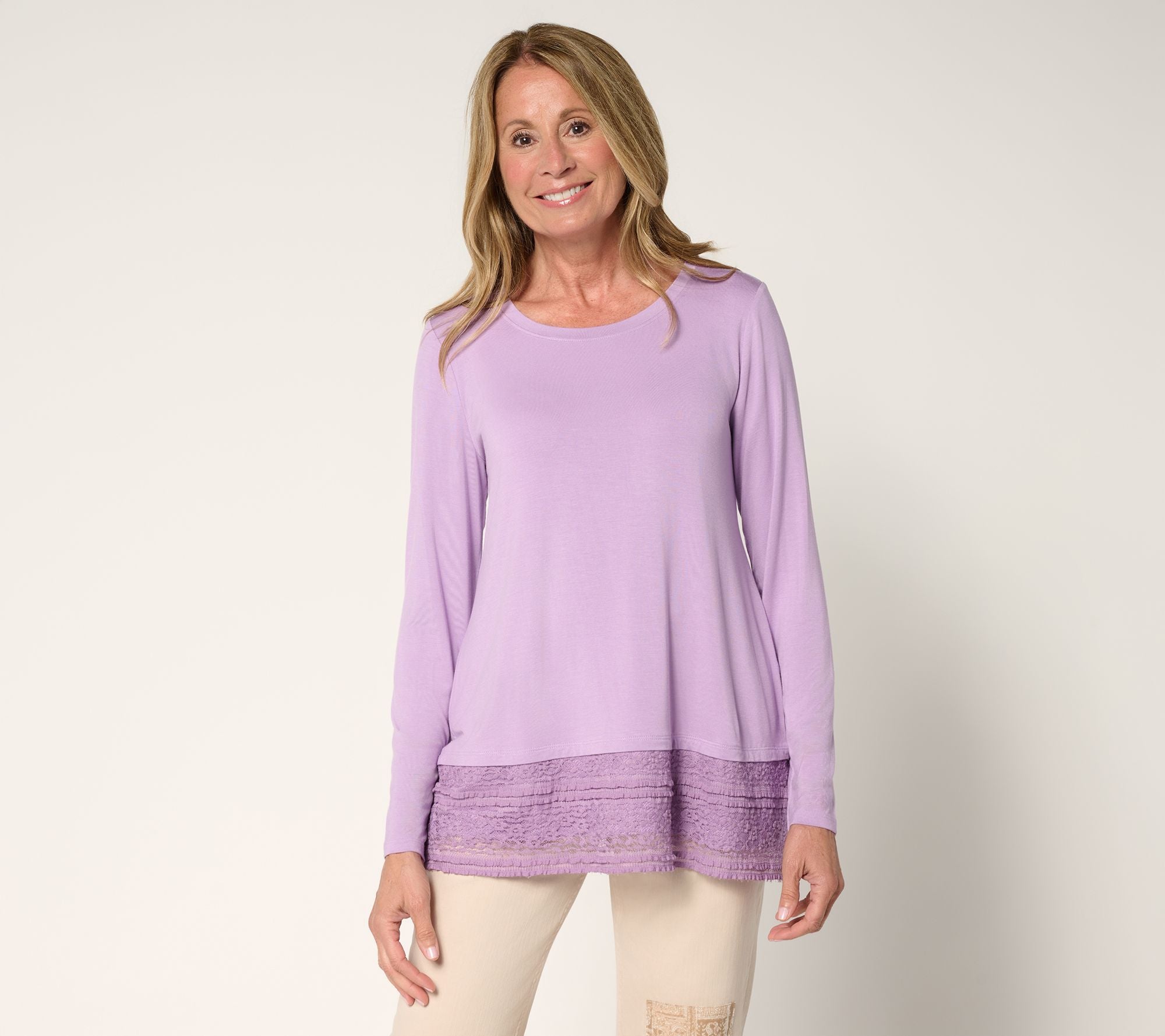 Long Sleeve Top with Lace Hem - Wisteria