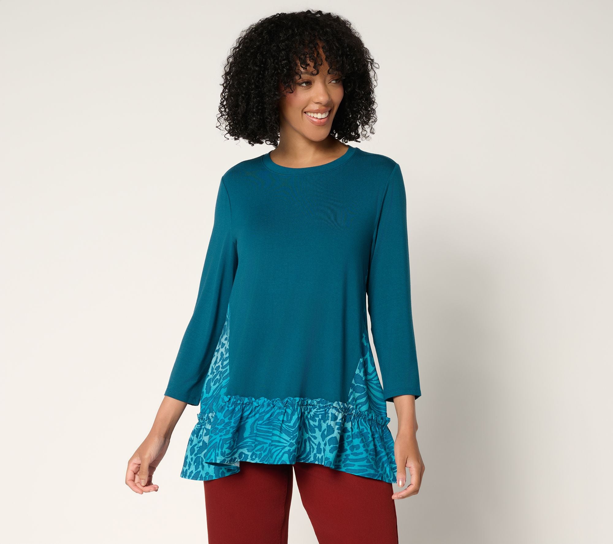 Mixed Media Top with Ruffle Hem - Celestial Teal