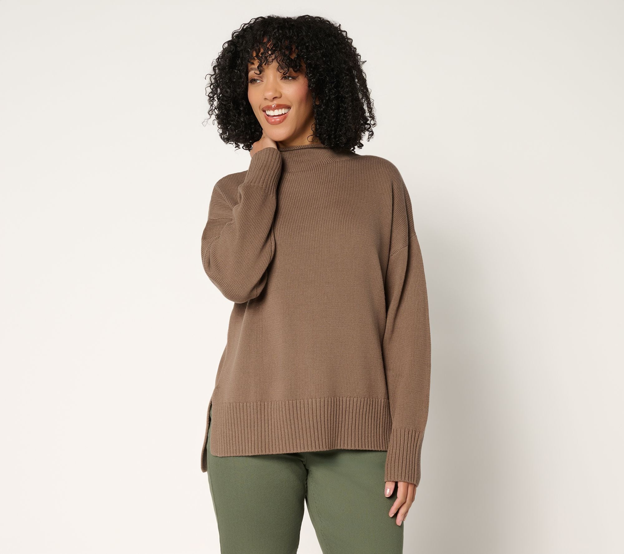 100% Cotton Funnel Neck Hi-Low Sweater - Chocolate Chip