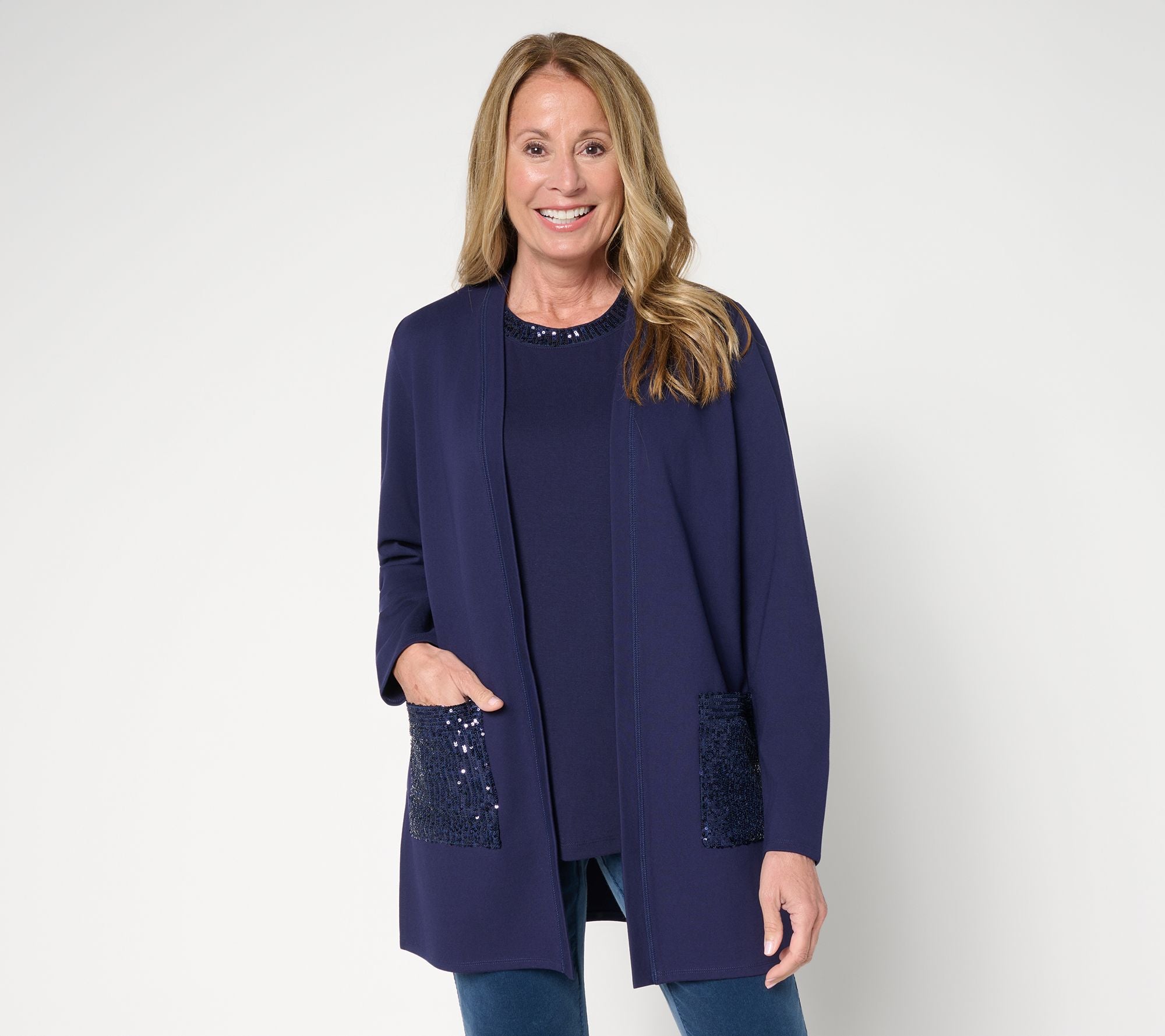 Jingle Belles by Kim Gravel Sequin Pocket Ponte Duster Cardigan - Future Dusk