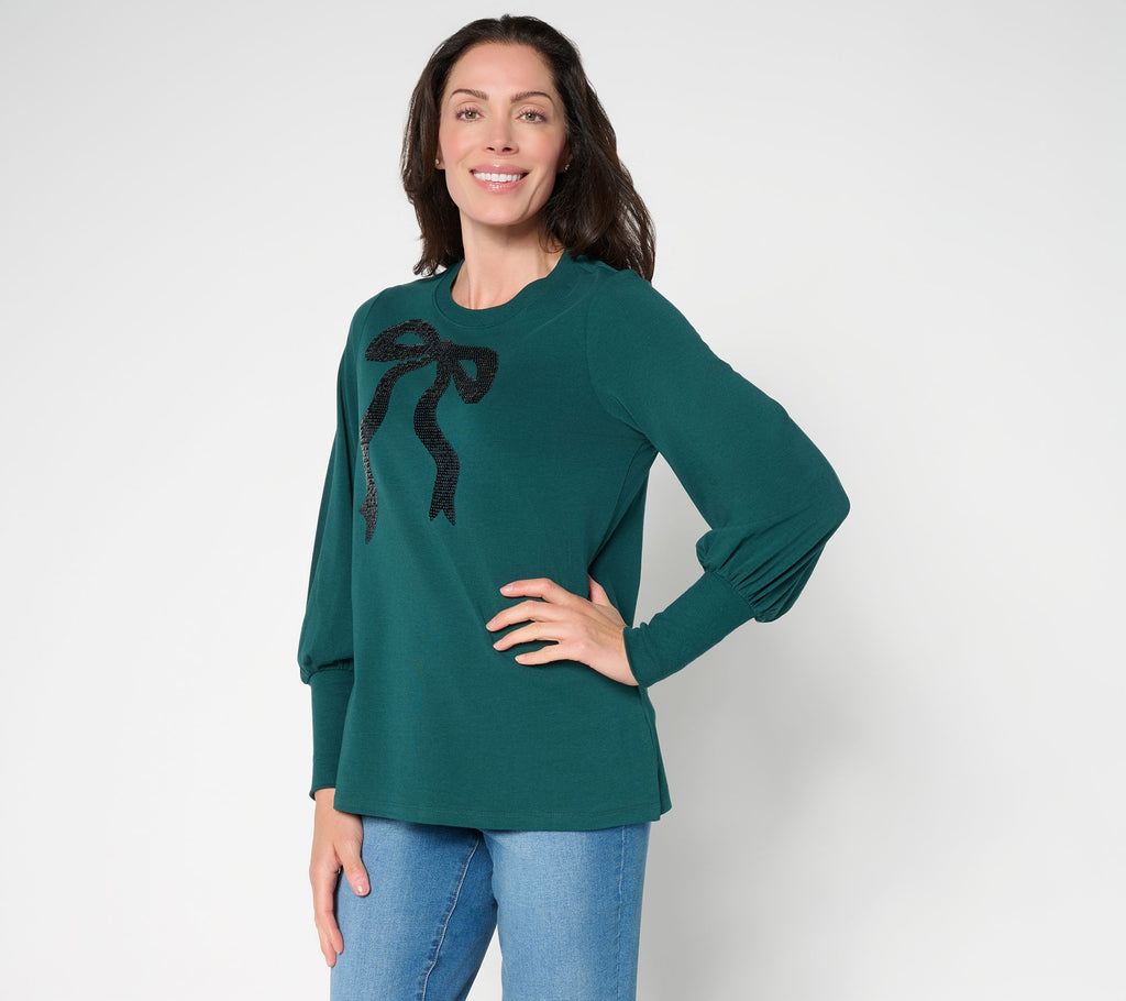 Jingle Belles by Kim Gravel TripleLuxe Knit Bow and Behold Sequin Top - Luxe Forest