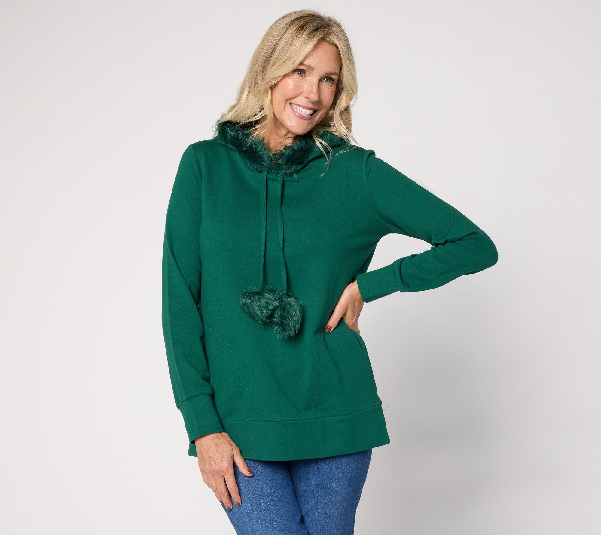 Faux Fur Trimmed Hoodie - Alpine Green