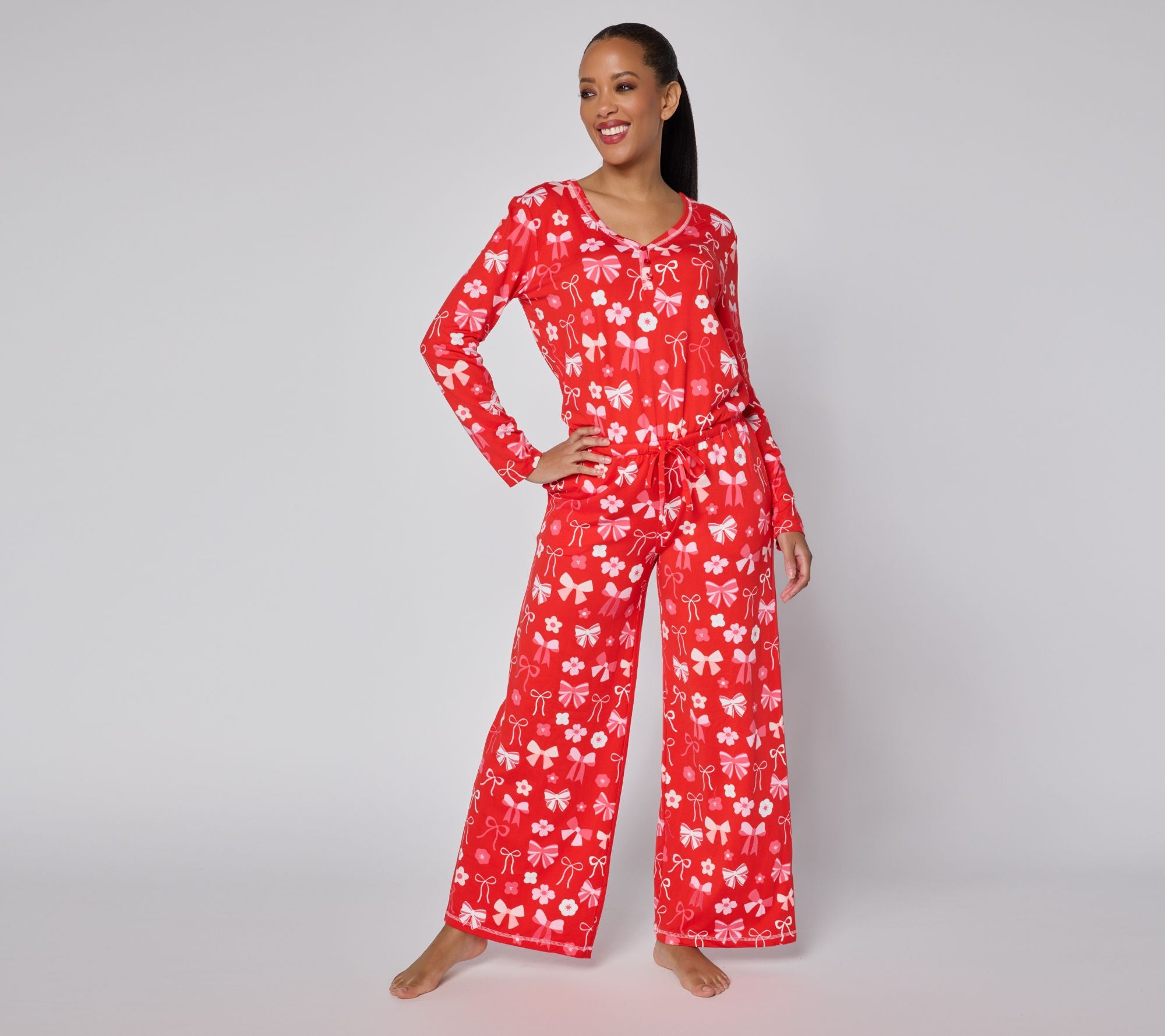 Dream Cloud Cozy Holiday Jumpsuit - Red Bow