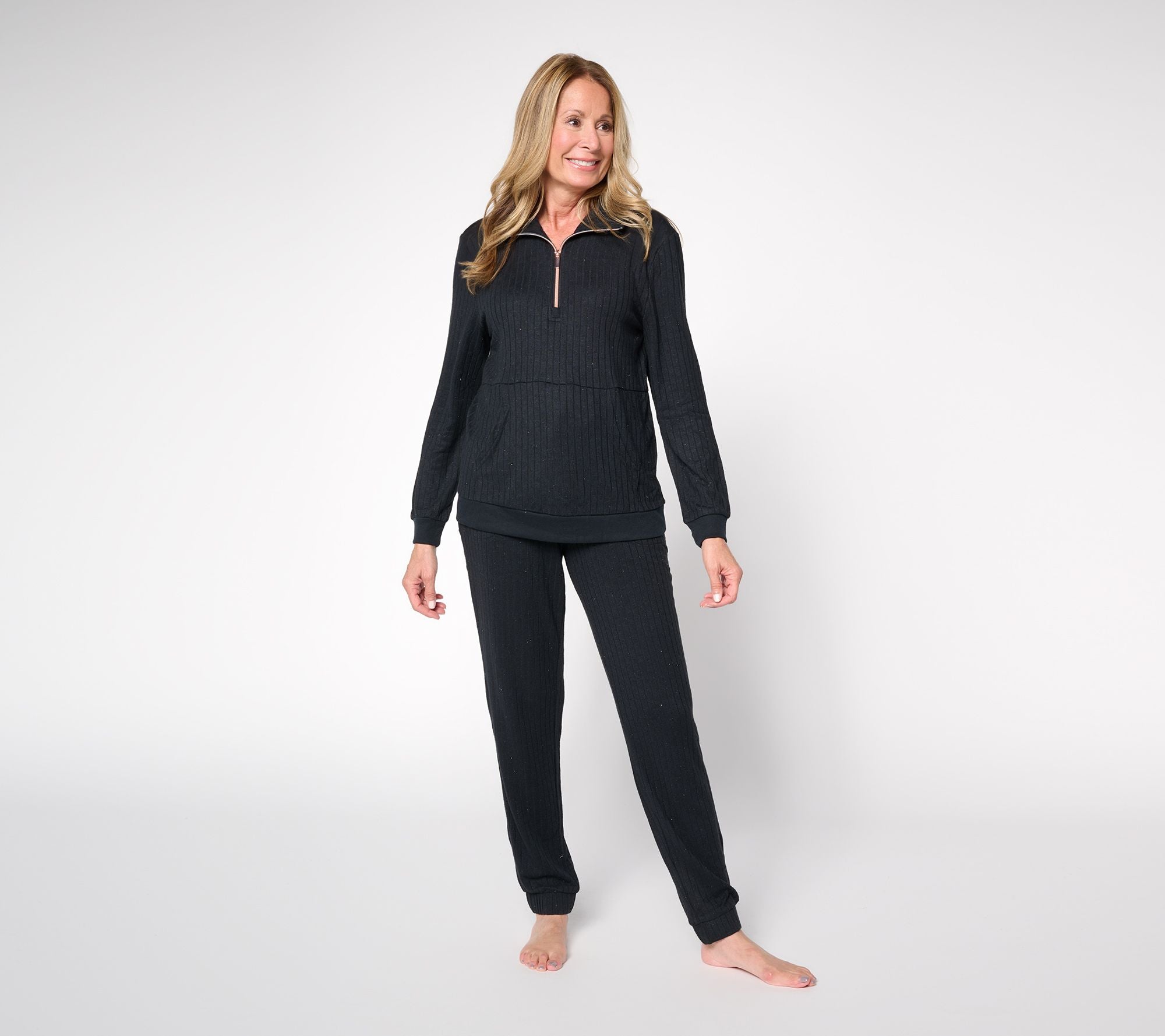 Sweater Knit Zip-Up Lounge Set - Black