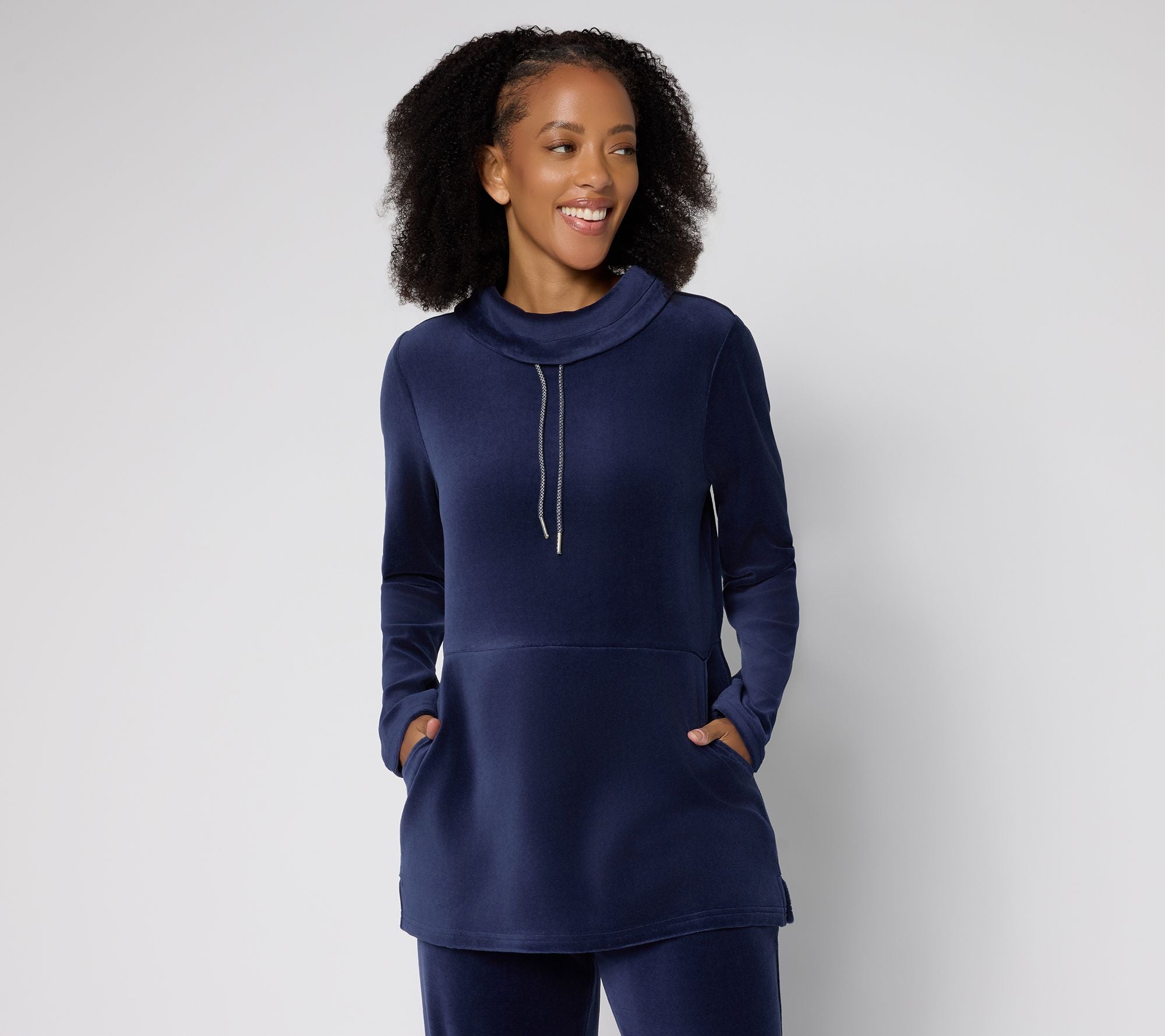 Active Velour Cowl Neck Pullover Top - Navy