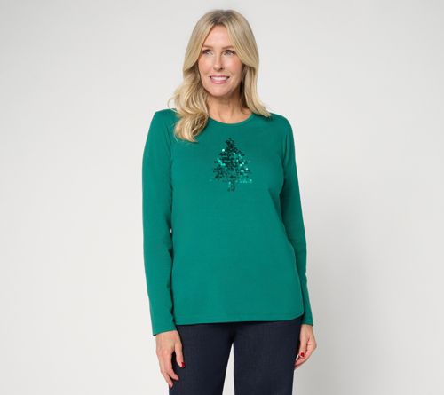 Jersey Round Neck Sequin Motif Long Sleeve Top