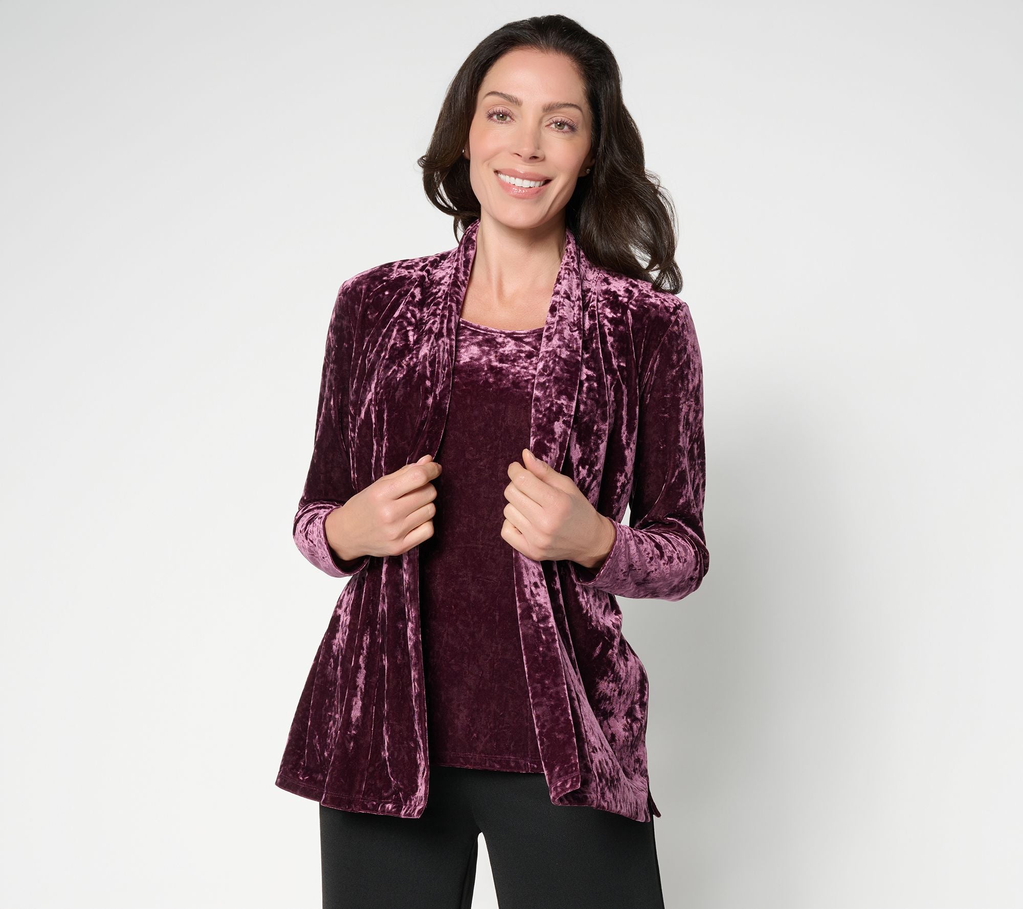 Crushed Velvet Cardigan & Tank 2fer with Pockets - Deep Burgundy