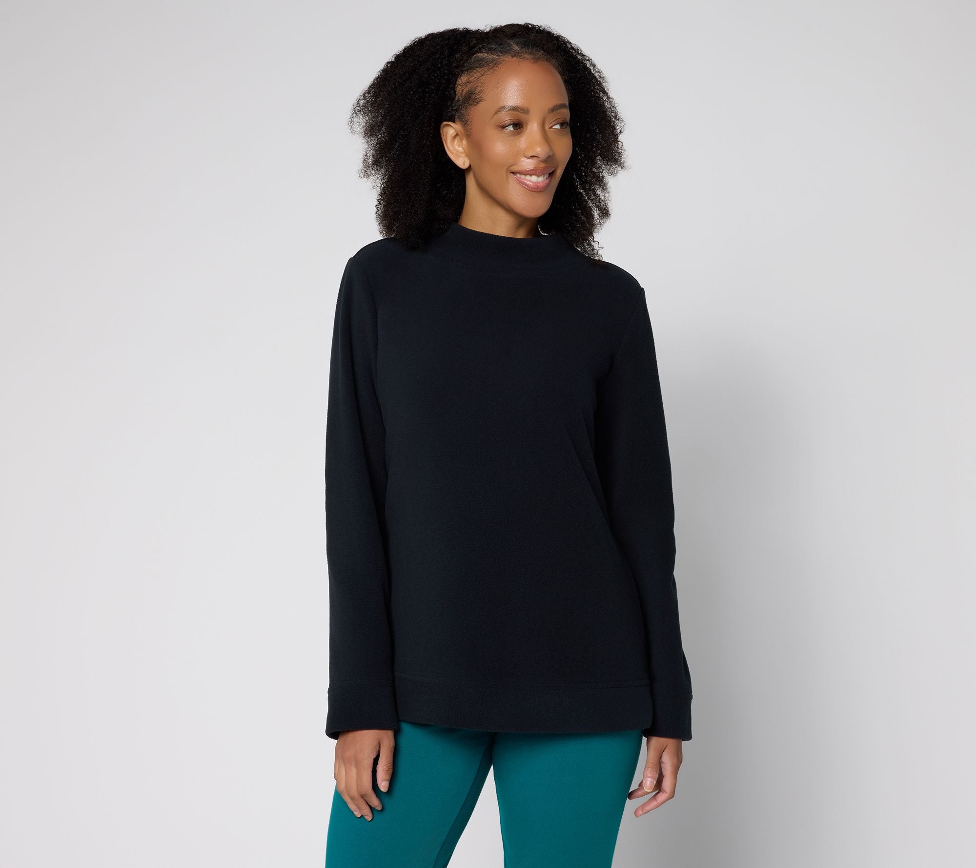 Printed or Solid Fleece Funnel Neck Top - Black