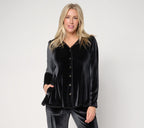 LOGO Lavish by Lori Goldstein Button Front Knit Velvet Top - Black