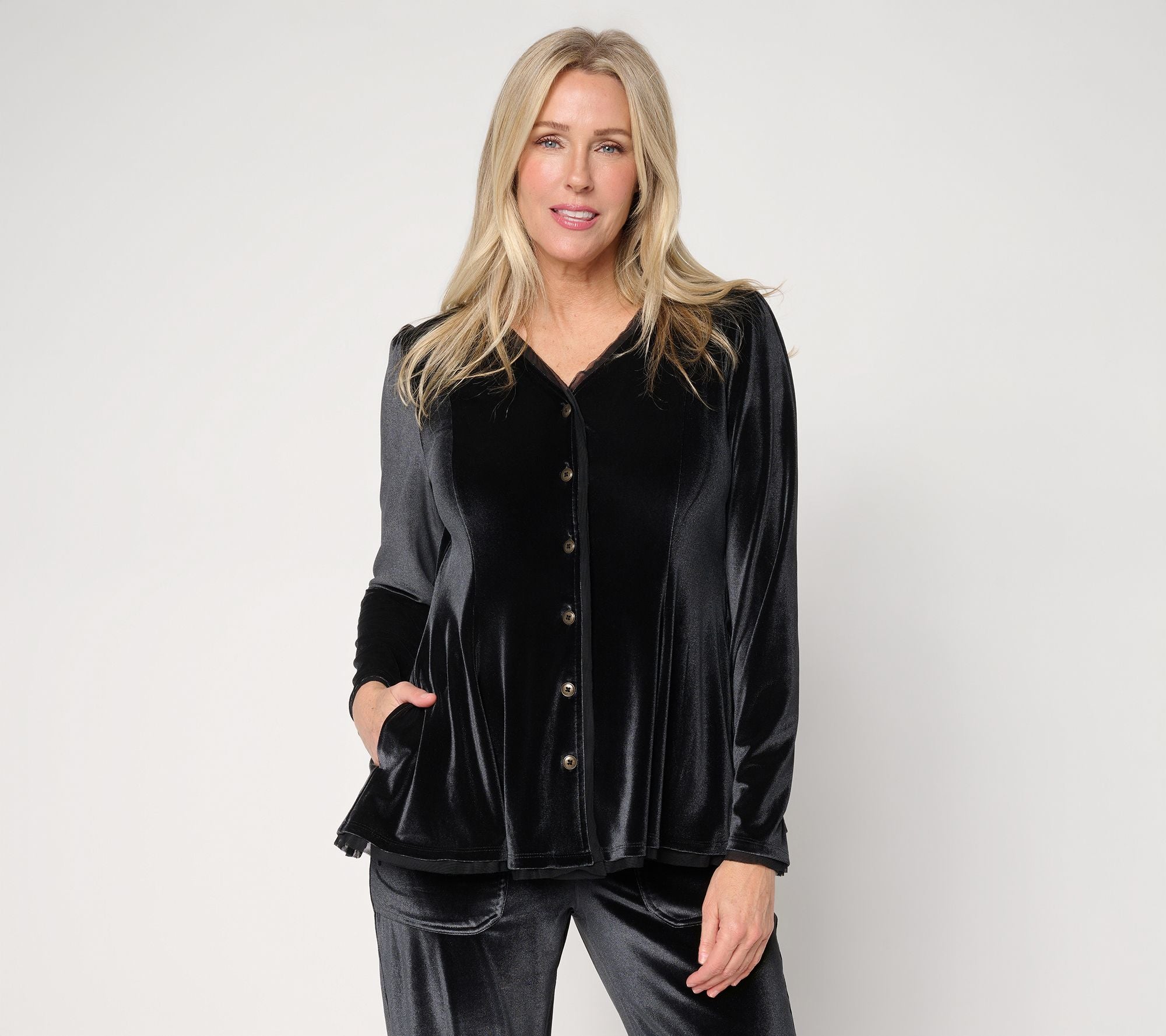 LOGO Lavish by Lori Goldstein Button Front Knit Velvet Top - Black