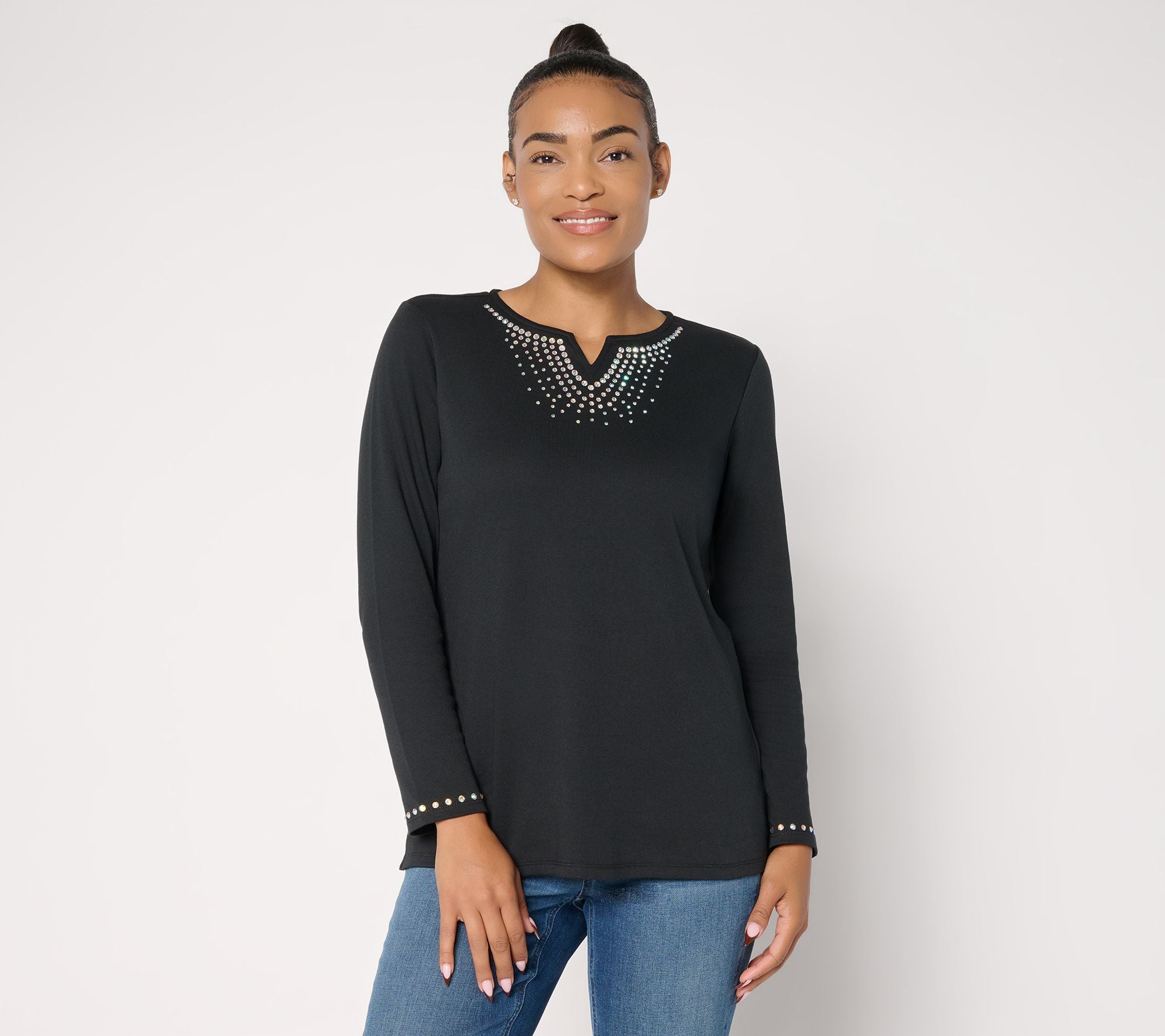 Denim and Diamonds Long Sleeve Top - Black
