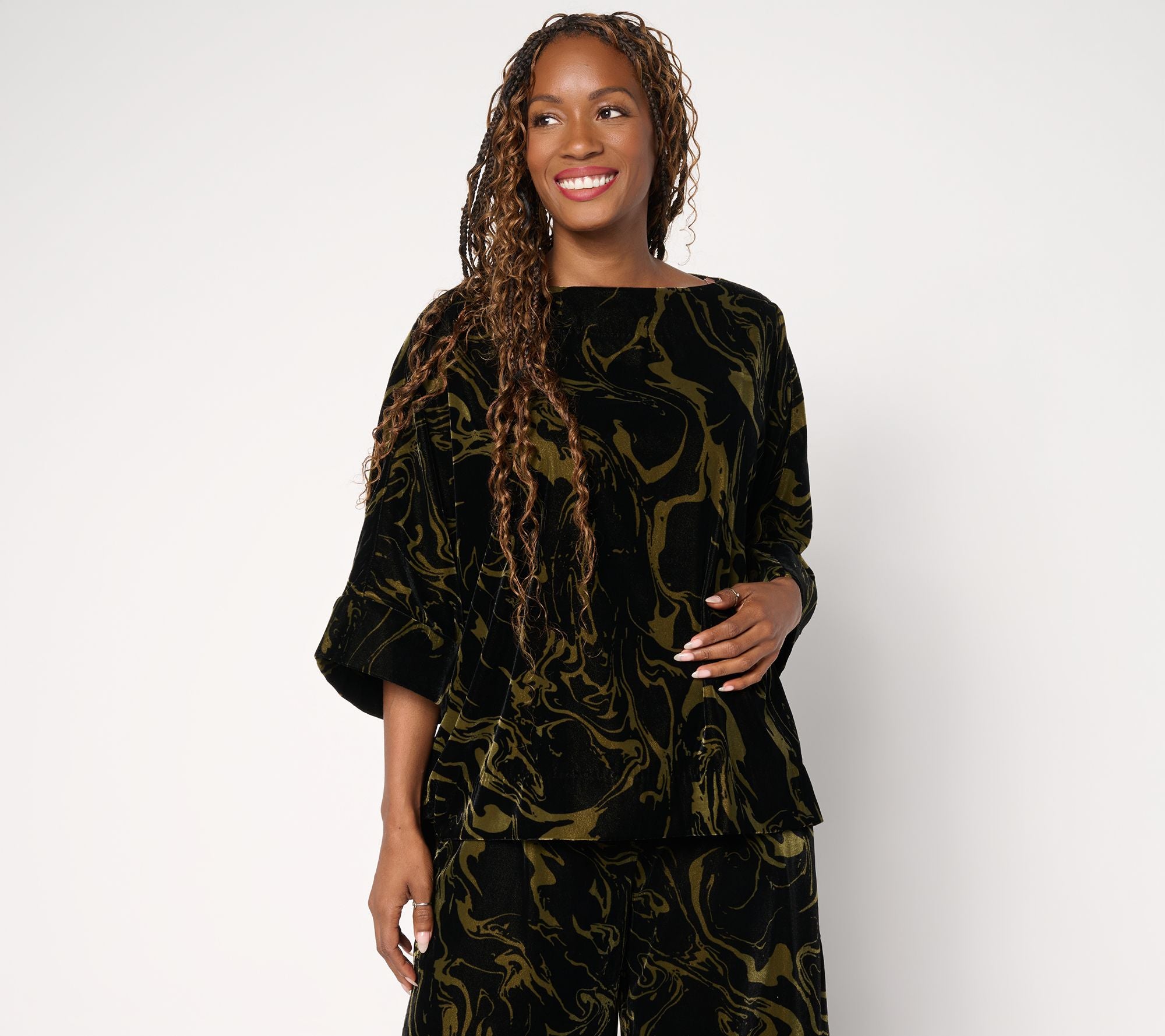 Printed Velvet Boat Neck Top - Loden Marble