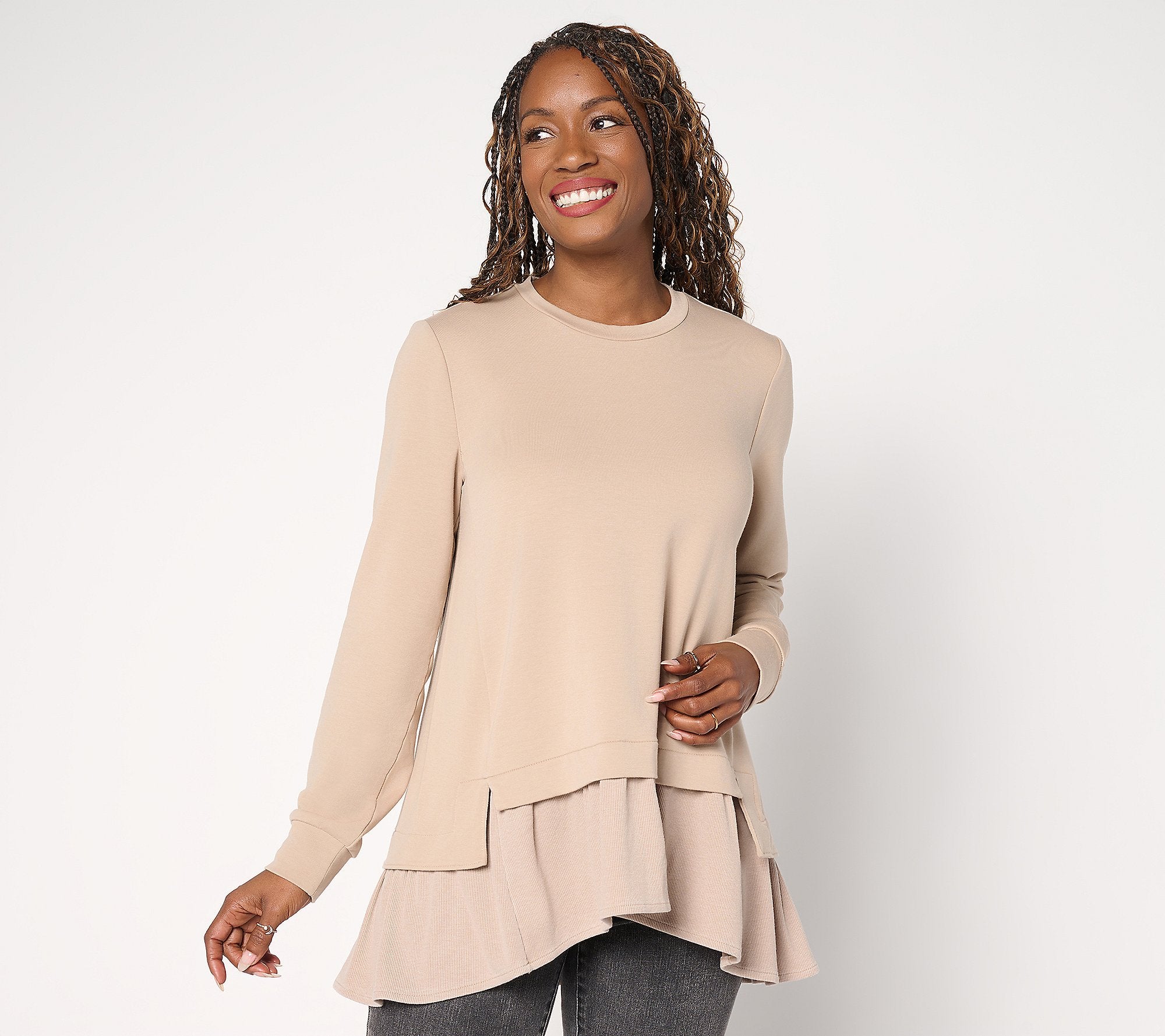 French Terry Top with Rib Knit Hem - Silver Mink