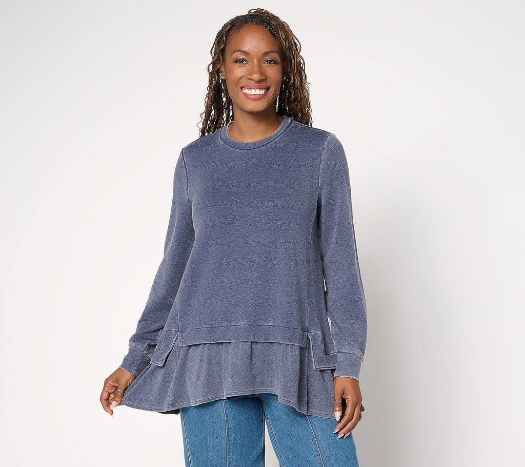 French Terry Top with Rib Knit Hem - Peacoat
