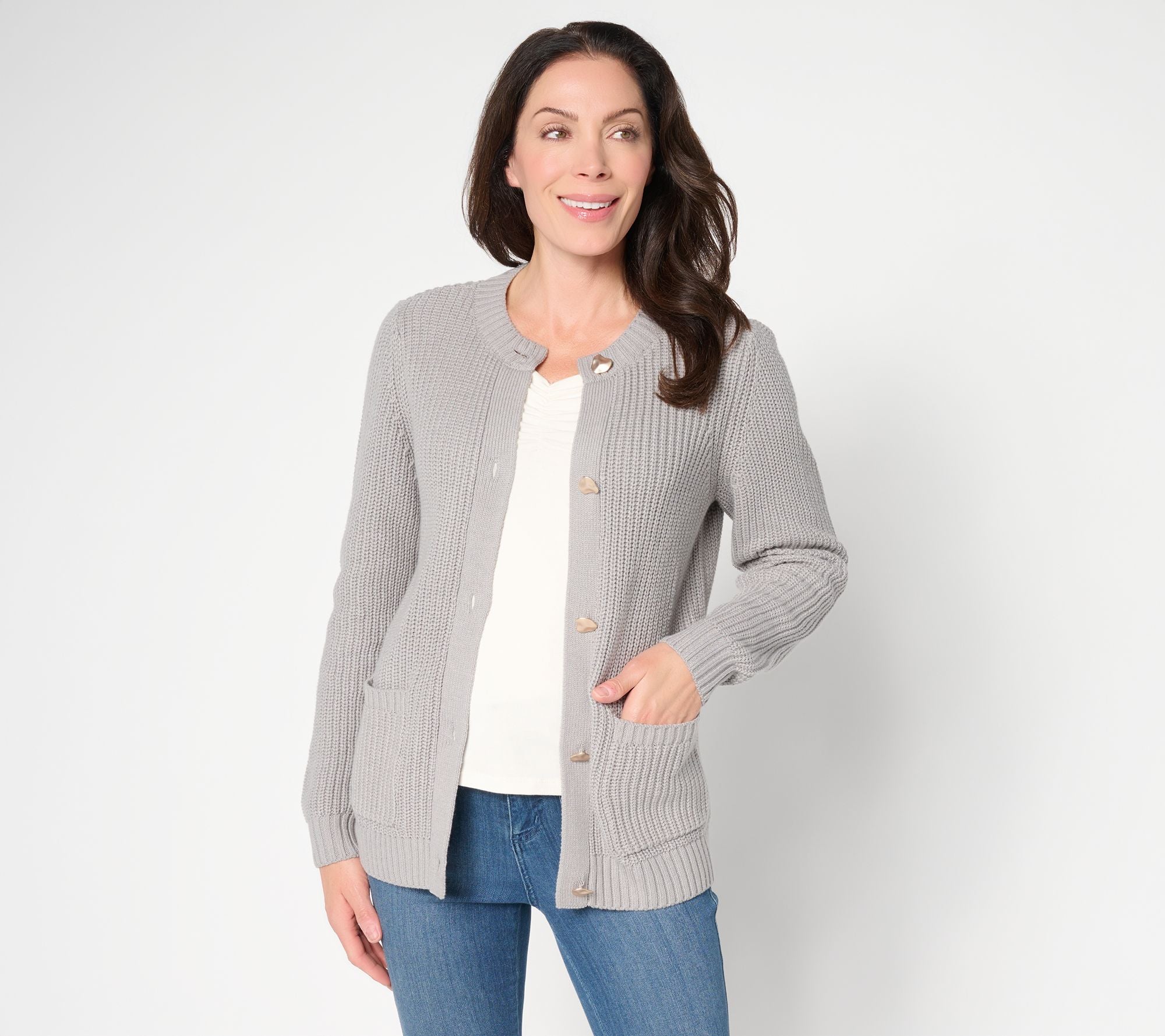 Jingle Belles by Kim Gravel Chunky Shaker Knit Gold Button Cardigan - Heather Grey