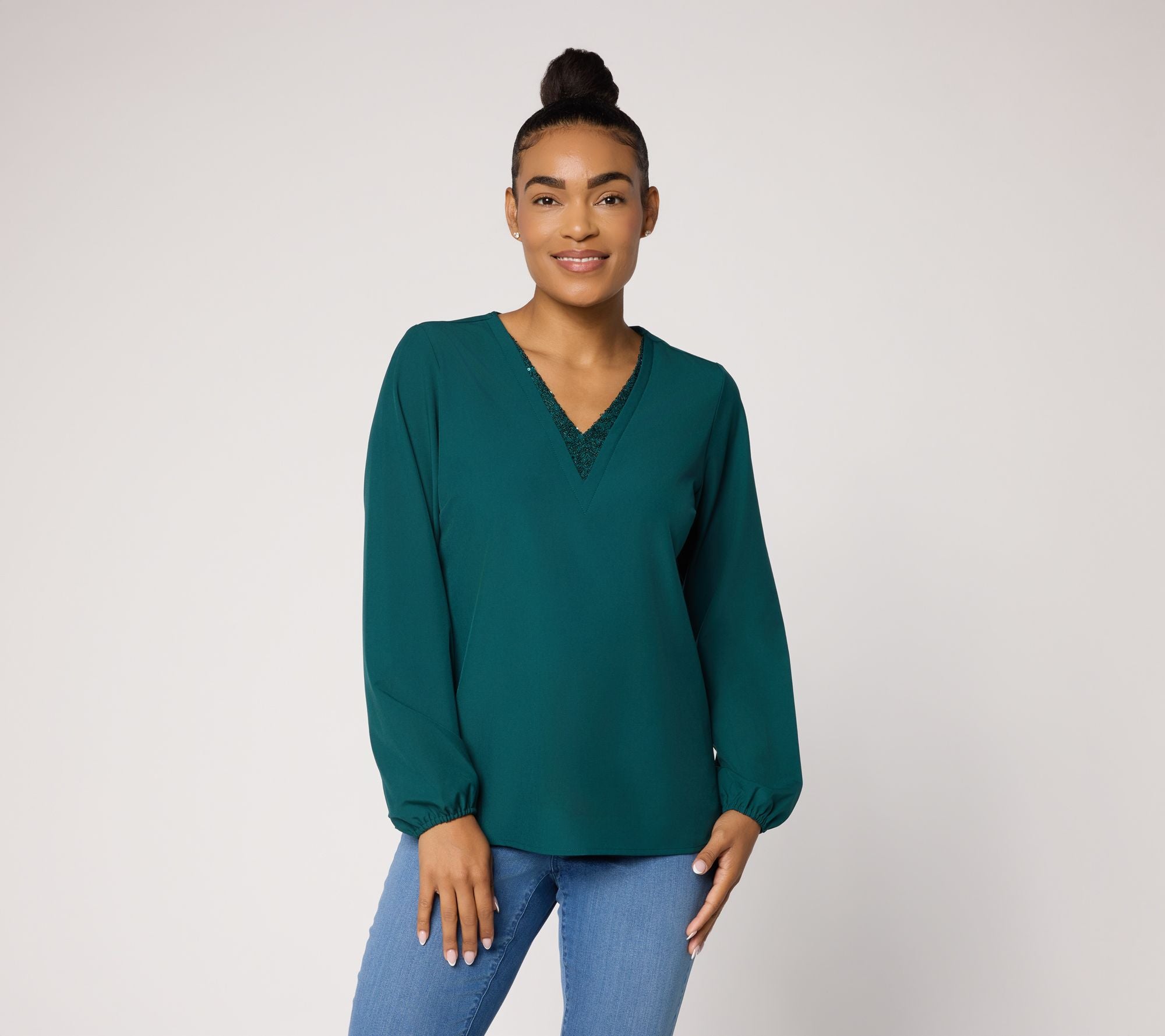 Jingle Belles by Kim Gravel Dazzling Popover Blouse - Luxe Forest