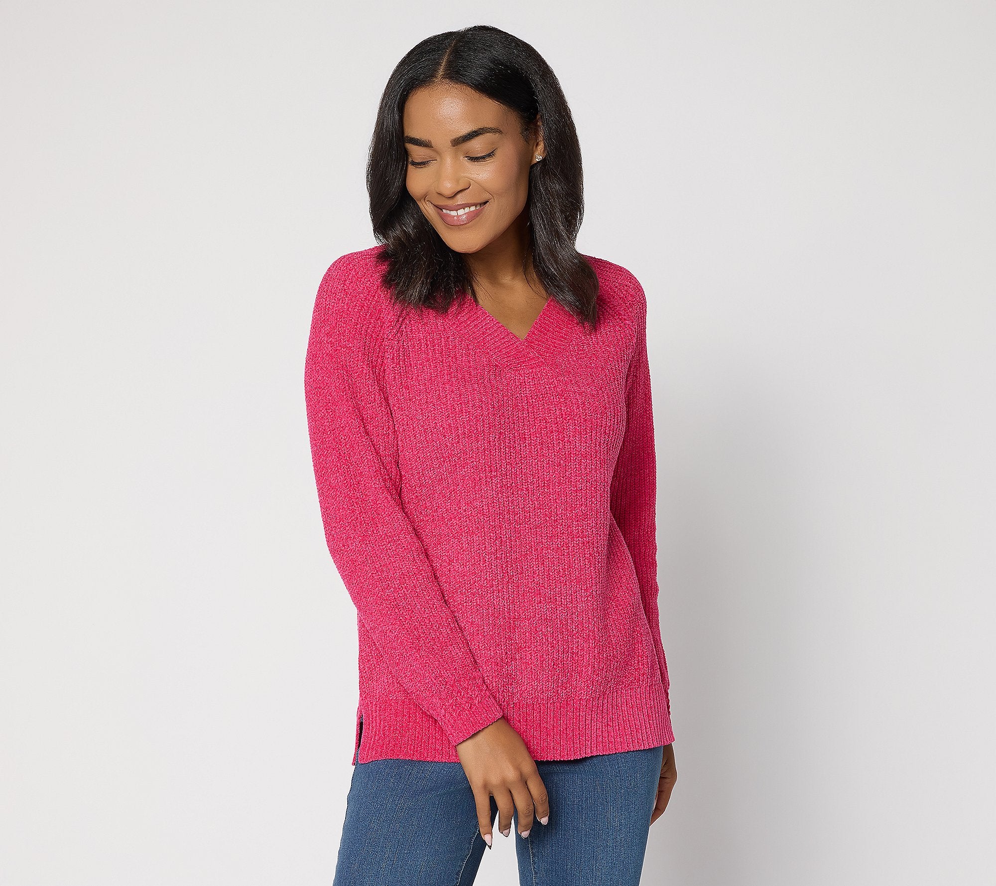 Chenille Shaker Knit V-Neck Sweater - Love Potion