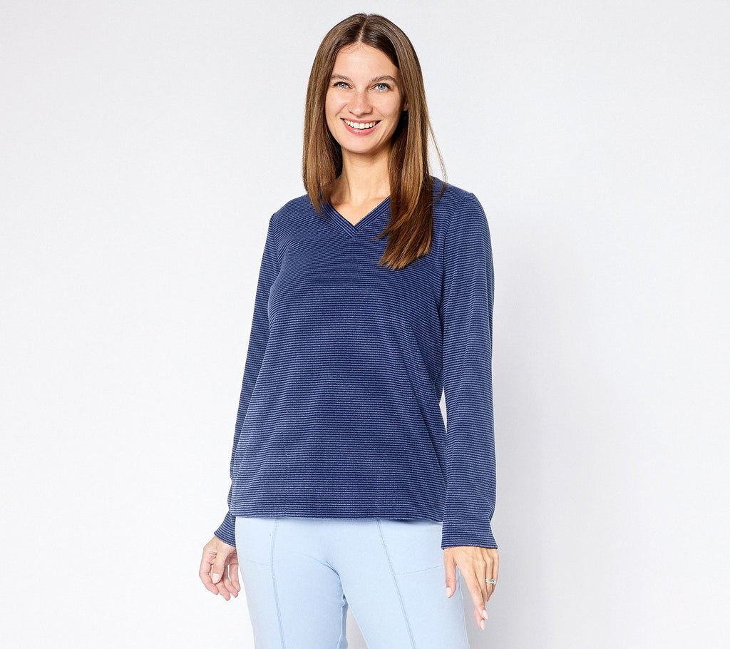 Chenille Fleece V-Neck Pullover with Pockets - Navy