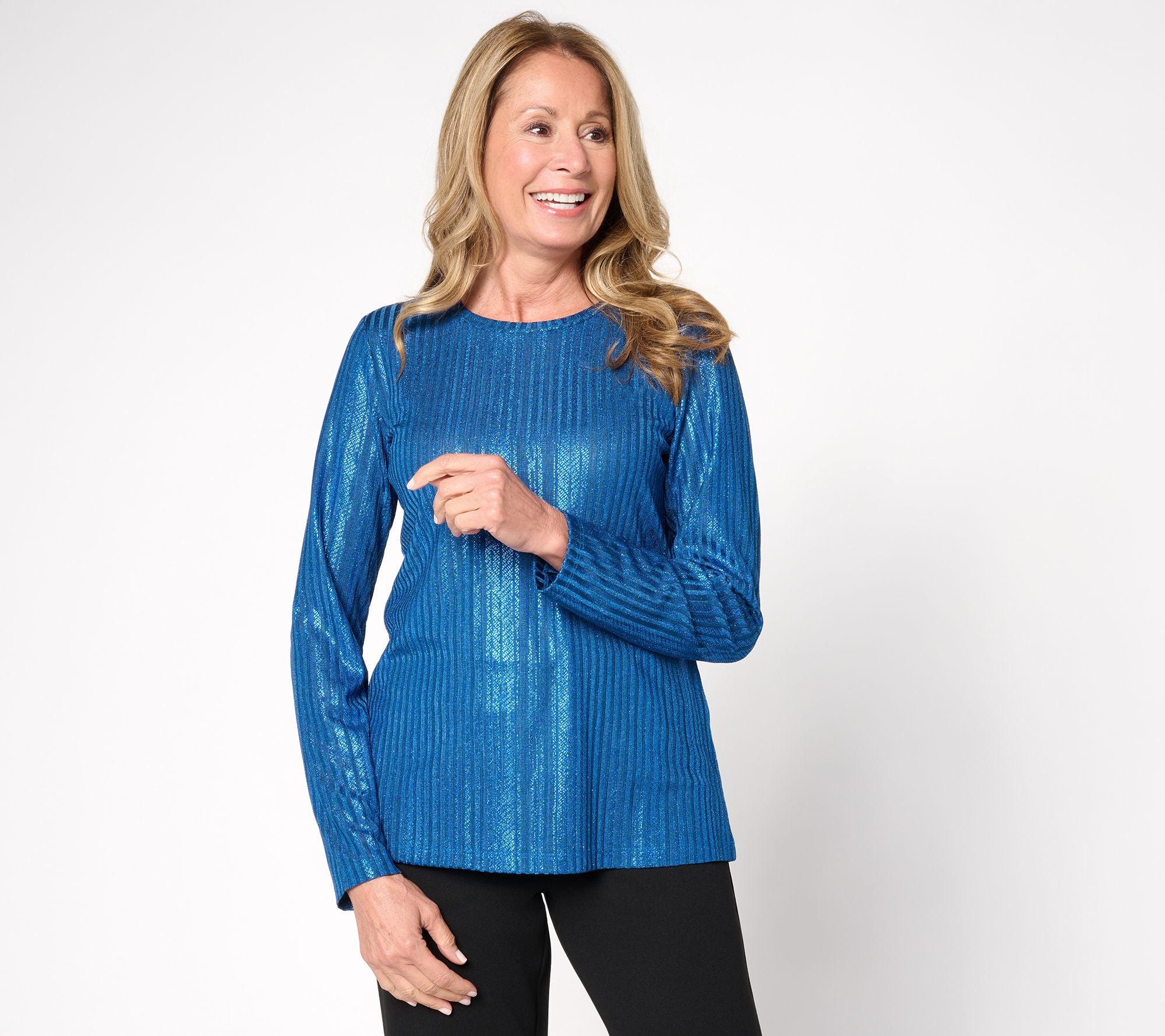 Metallic Rib Knit Crew Neck Top - Ink Blue