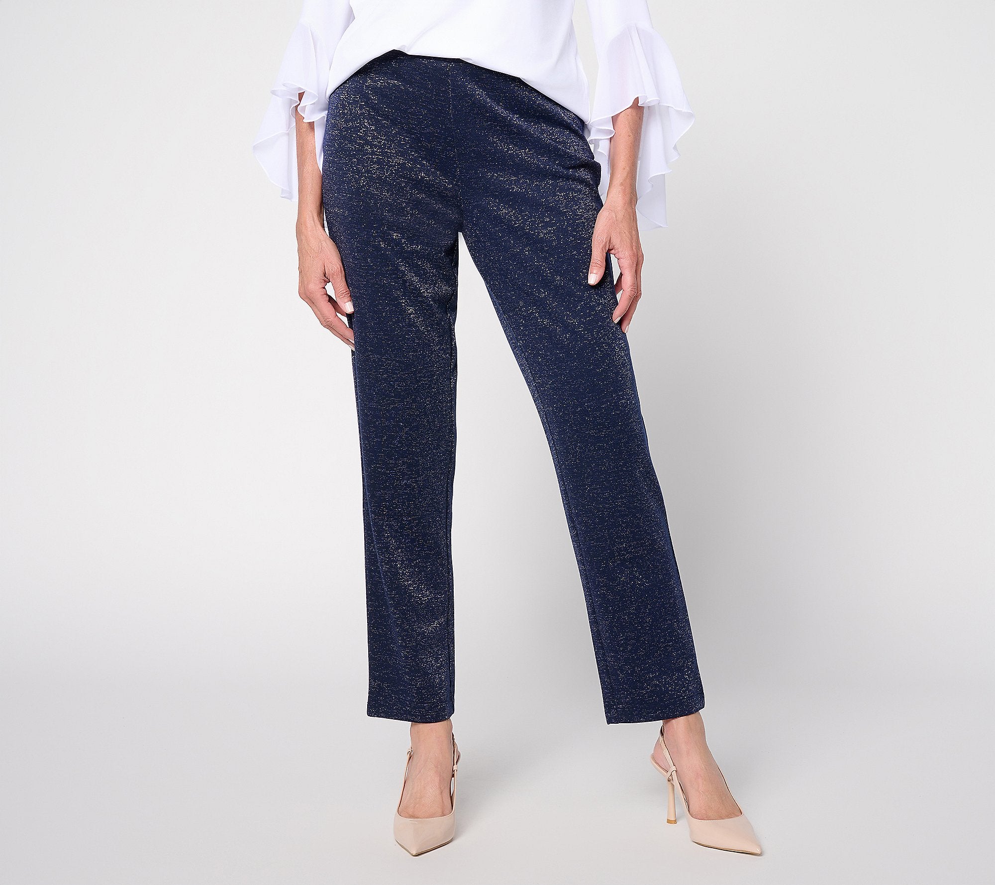 Soft Metallic Knit Slim Leg Ankle Pants