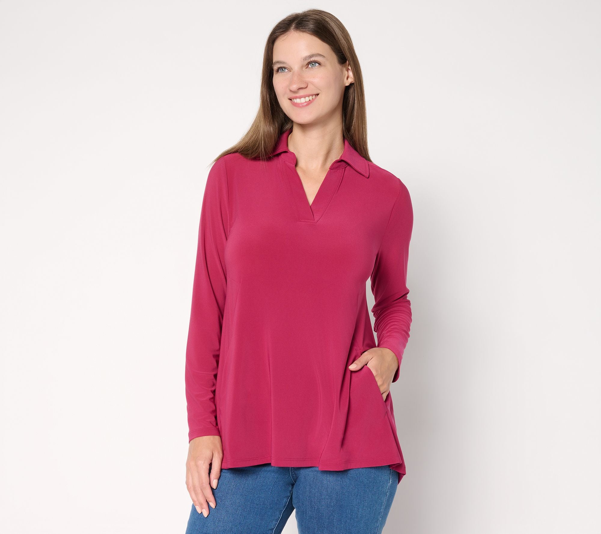 Como Jersey Split Neck Hi Low Tunic - Rumba Red