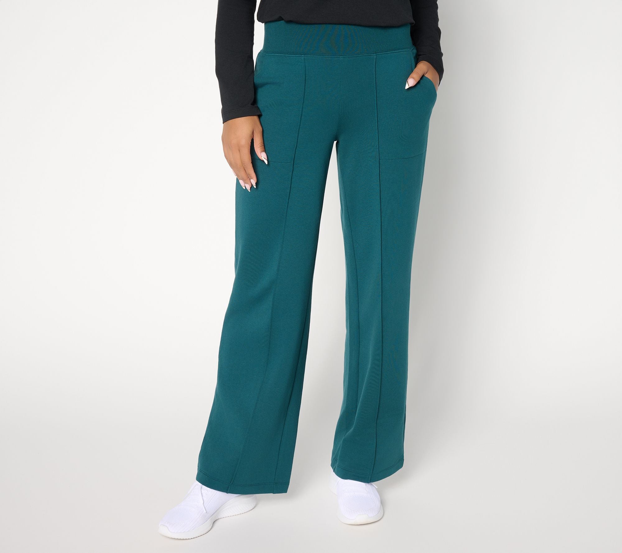 Active Brushed Back French Terry Wide Leg Pants - Mallard Green
