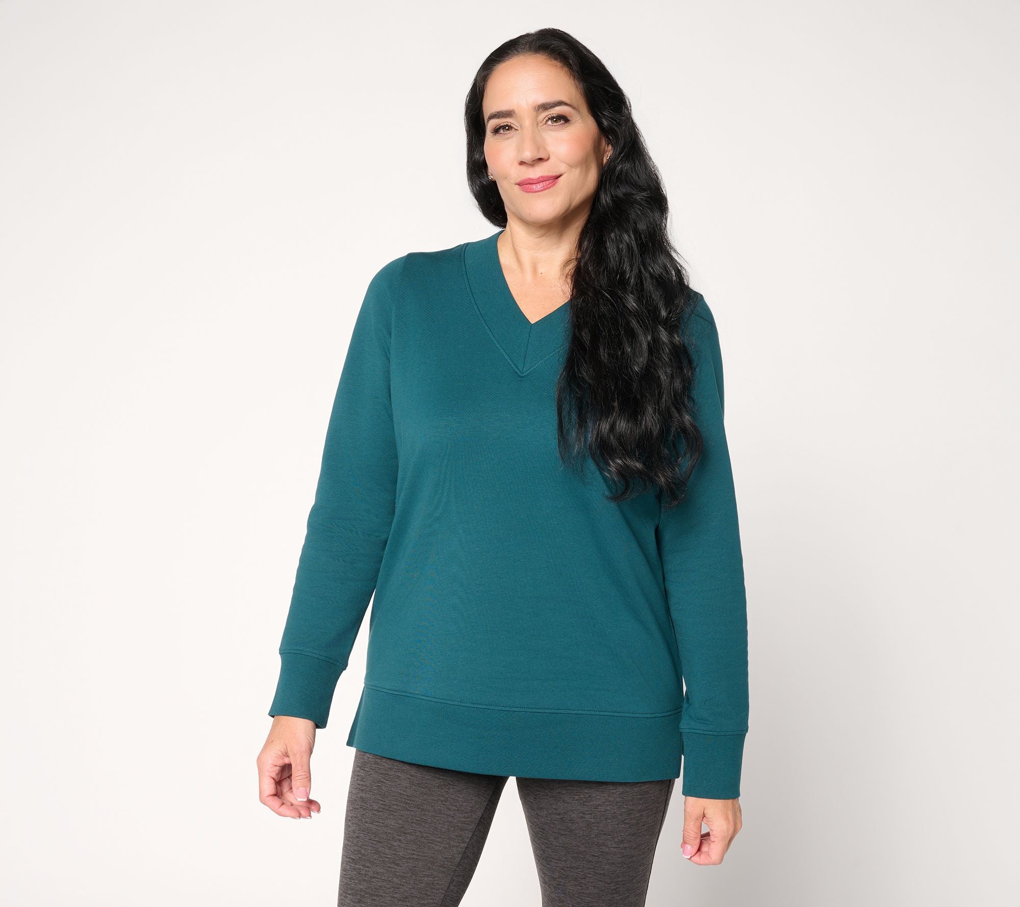 Active Brushed Back French Terry V-Neck Top - Mallard Green