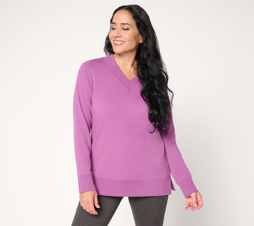 Active Brushed Back French Terry V-Neck Top - Light Plum